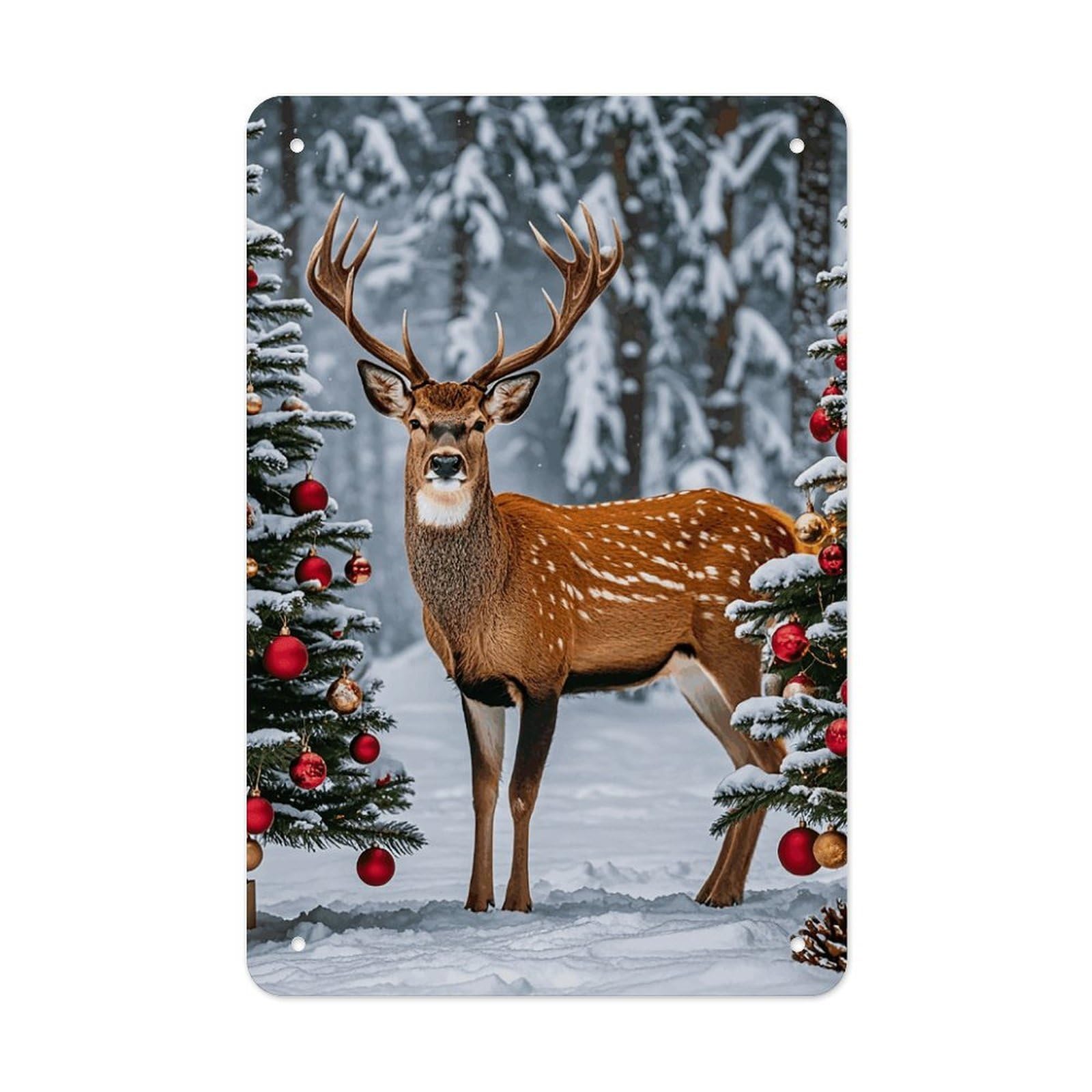 QMNLKH Cow Deer Trees Christmas Plaques for Wall Decor, Personalized Metal Tin Sign for Home, Multifunctional Poster for Office, Fashion Painting for Hallway, Wall Art Pictures, 7.9x11.8Inch