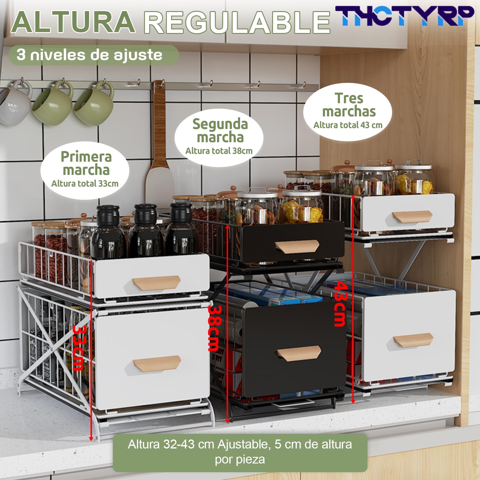 Organizador Bajo Fregadero 2 Niveles Metal Deslizable Negro | Estante de almacenamiento debajo del fregadero para cocina y baño, altura ajustable (40 x 26 x 39 cm)