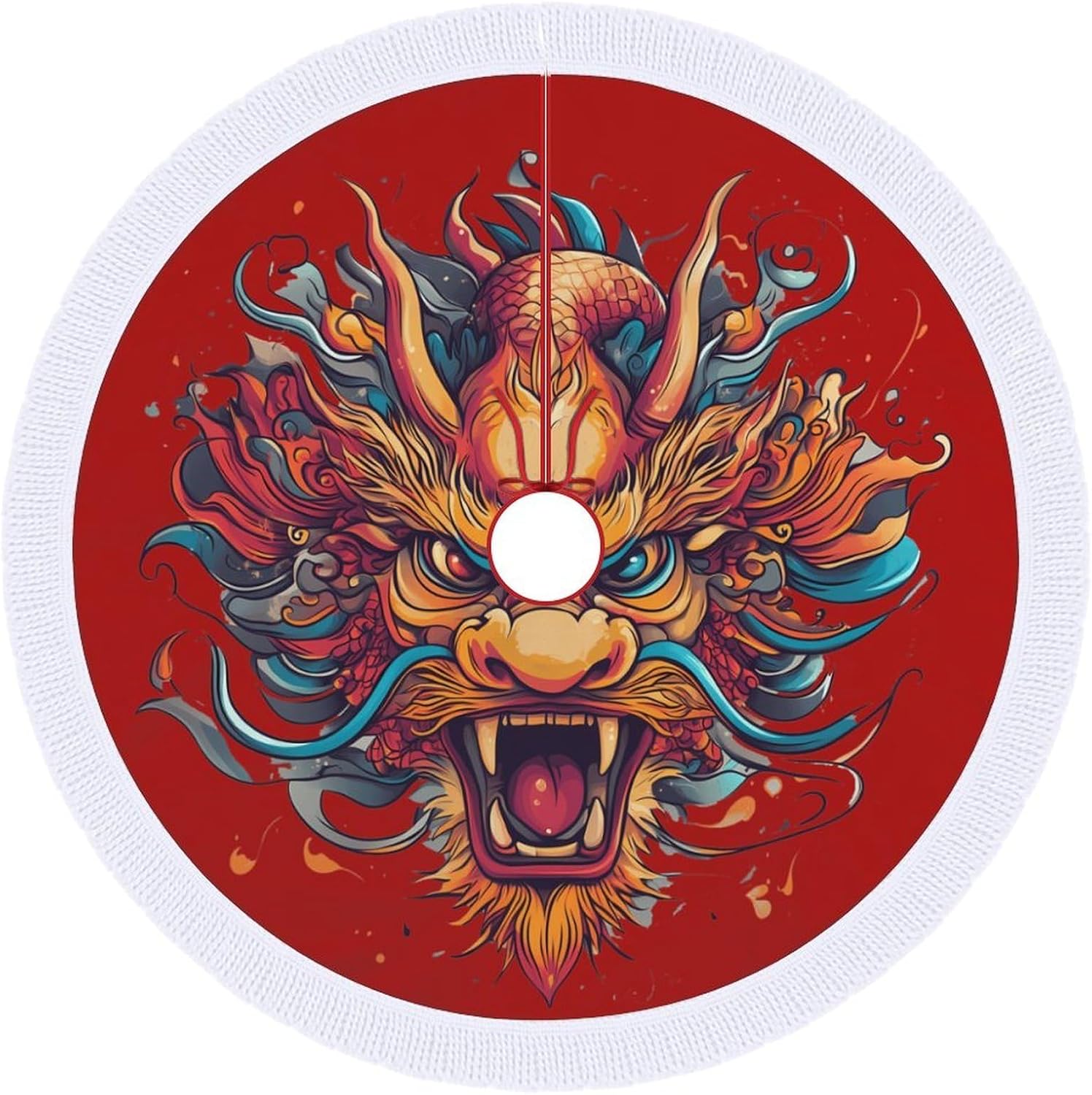 Chinese Dragon Christmas Tree Skirt Round Xmas Tree Mat Ornaments Tree Skirts with Tassels for Holiday Party