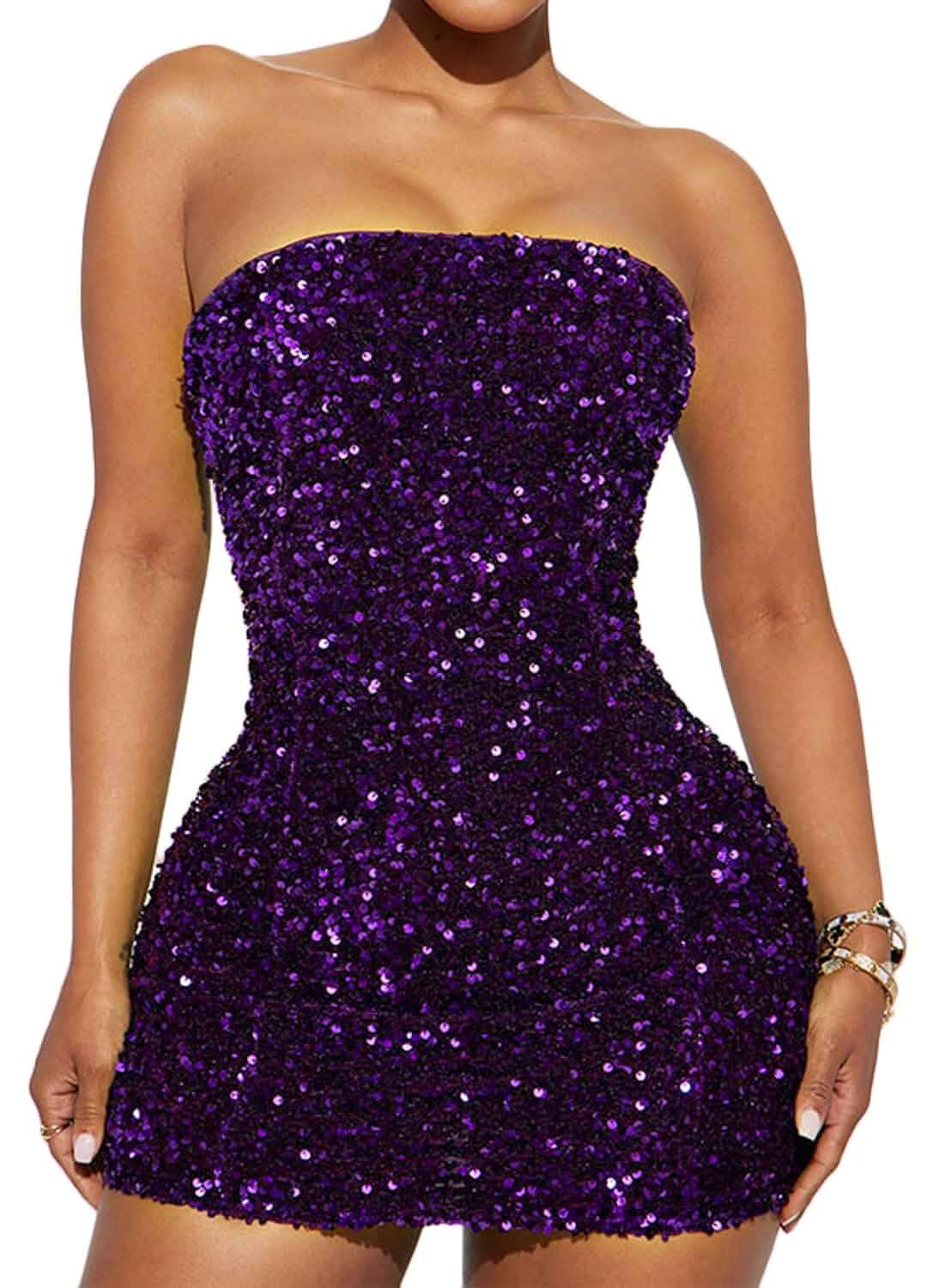 Naimo Womens Sequin Short Dress Sexy Strapless Tube Dresses Cocktail Party Mini Bodycon Dress
