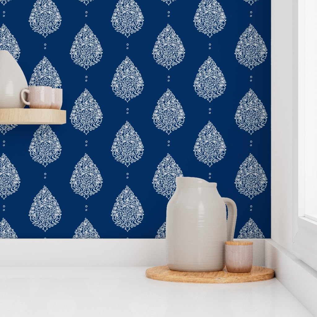 Peel & Stick Wallpaper 3ft x 2ft - Moroccan Paisley Navy Ogee Inspired Wordly Boho Indigo White Ornate Custom Removable Wallpaper by Spoonflower