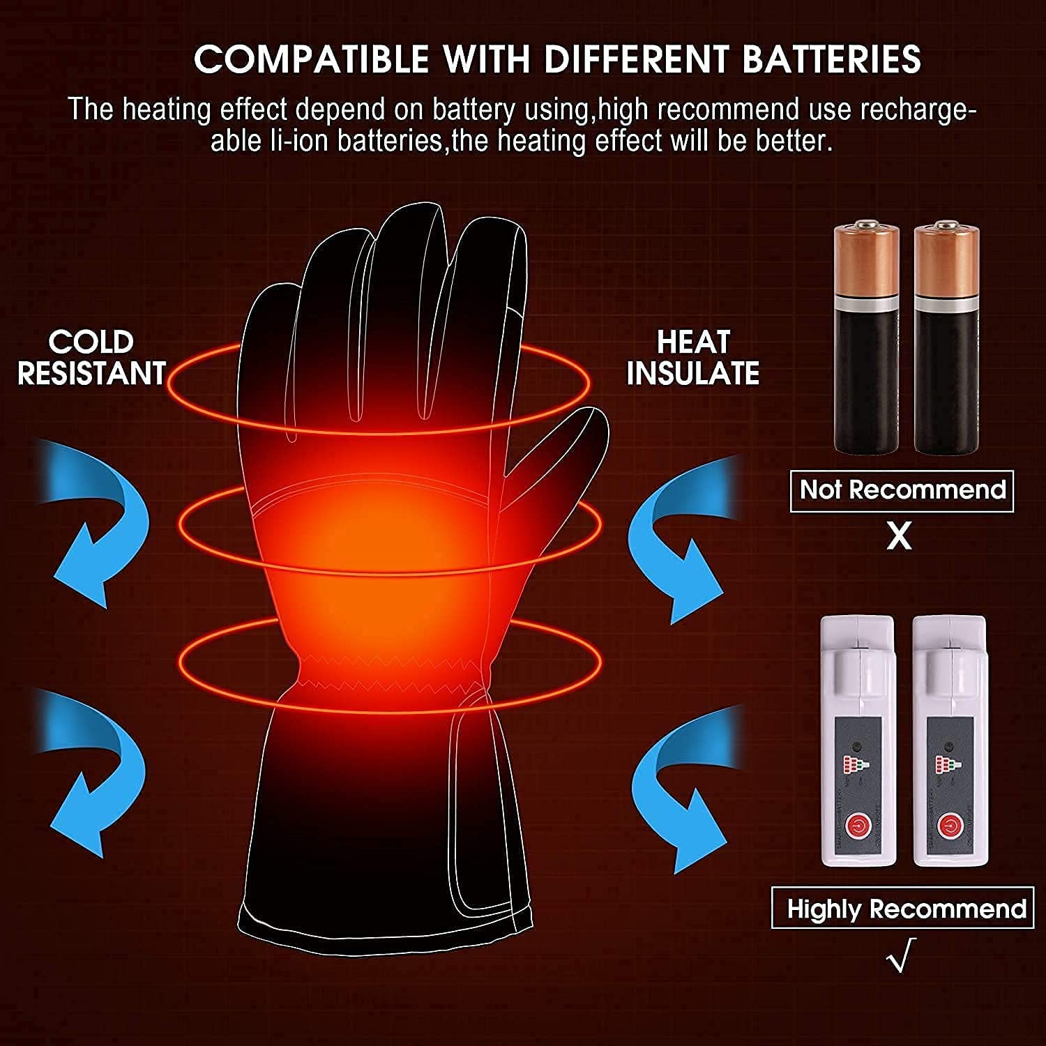Guanti riscaldati a Batteria elettrica, Guanti Termici Resistenti all'Acqua con Touchscreen, Scaldamani per Moto da Sci e Bici, Guanti Termici Invernali Neri, L