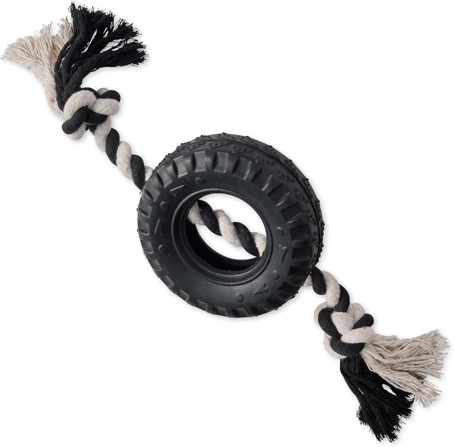Natural Rubber Tire and Organic Cotton Rope Pull and Chew Dog Toy for All Pet Breeds, Black, One Size