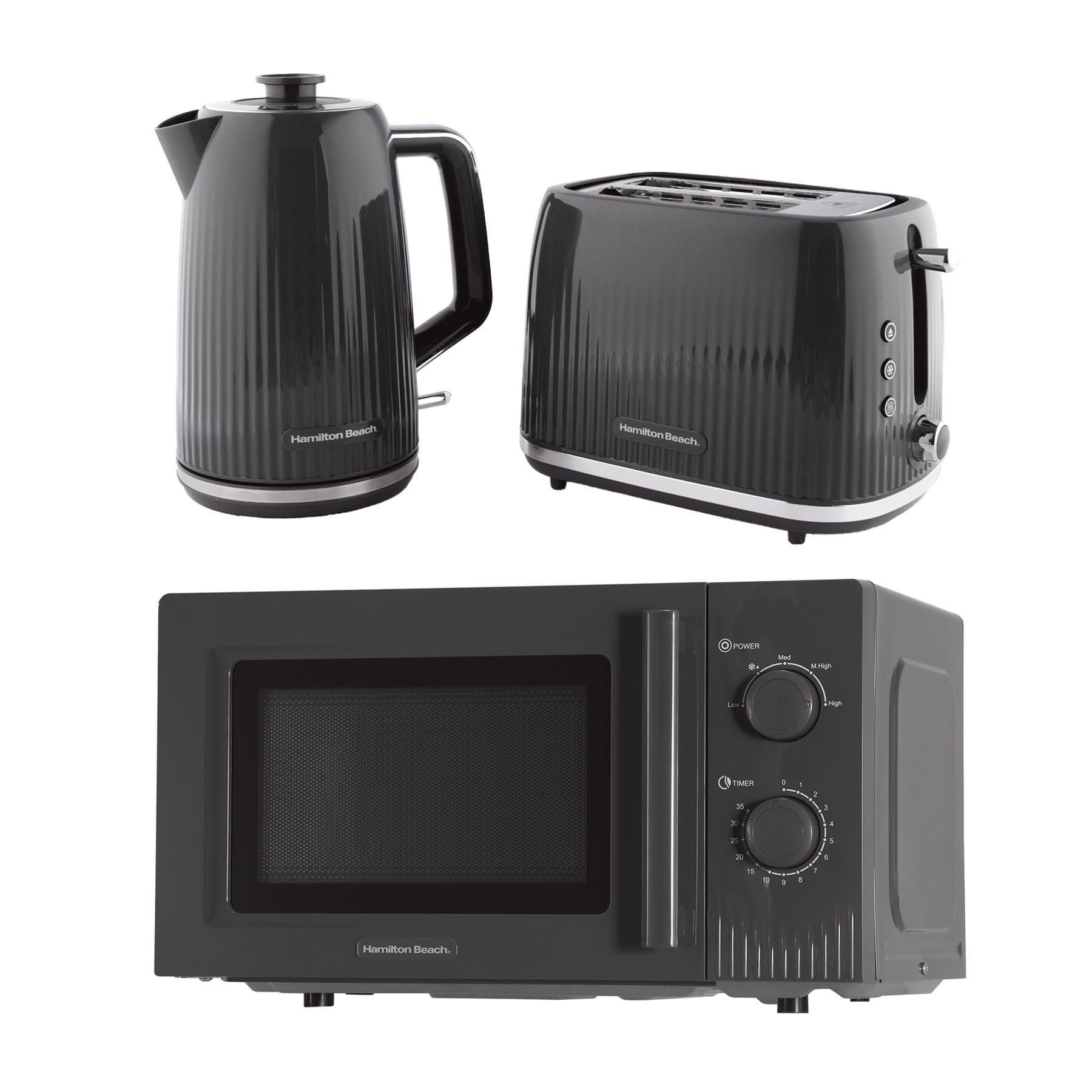 Hamilton Beach Kettle Toaster Microwave Set, Miami, Kettle, 1.7L, Toaster 2 Slice, Kettle & Toaster Set, Microwave Oven, 20L, Manual Controls, 800W, Kitchen Set, Charcoal Grey - HBMIAKSCH