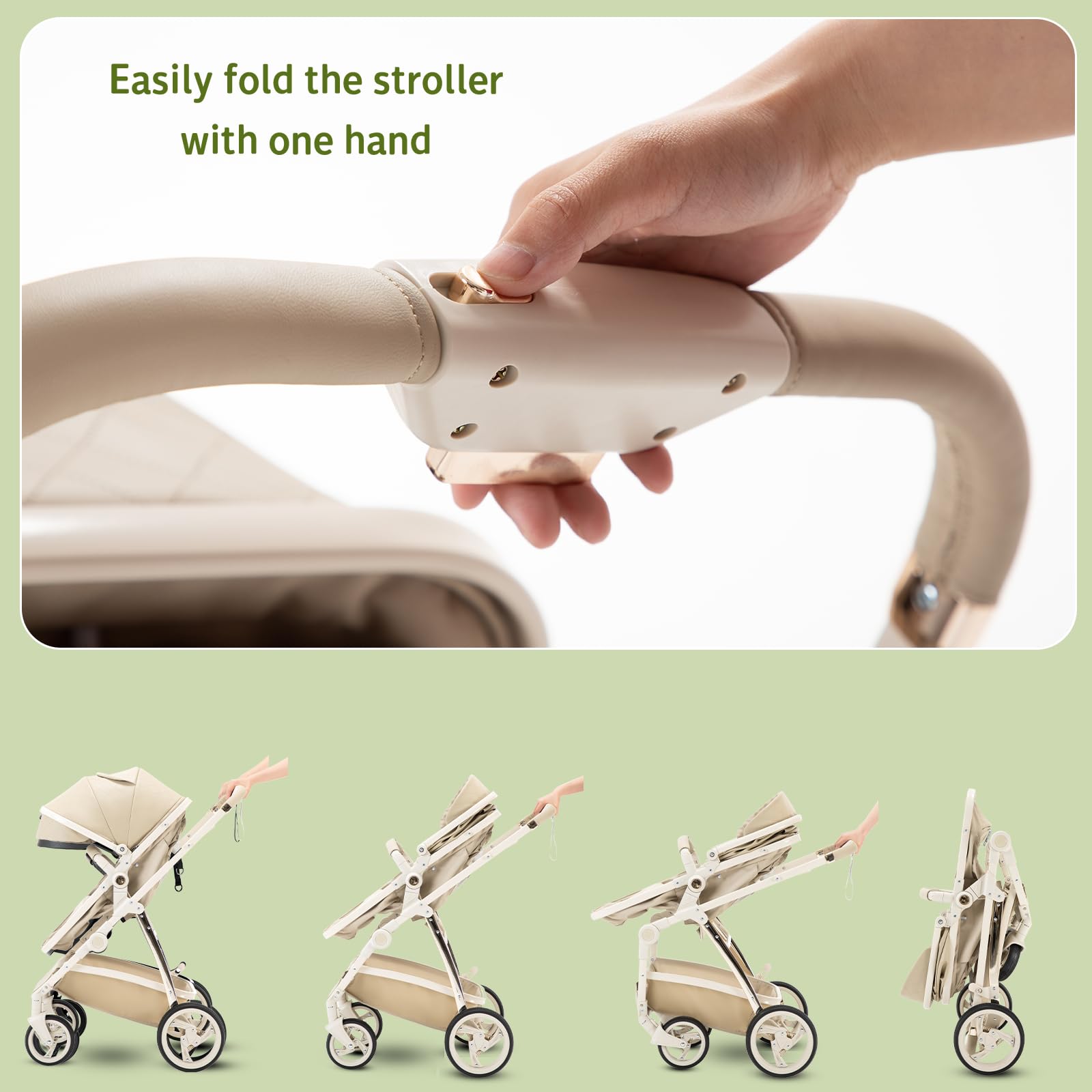 Pelle Passeggino 3 in 1 Sistema di Viaggio con Seggiolino Auto Telaio Alluminio Carrozzina Città Pieghevole per Bambini 0-4 Anni Cachi