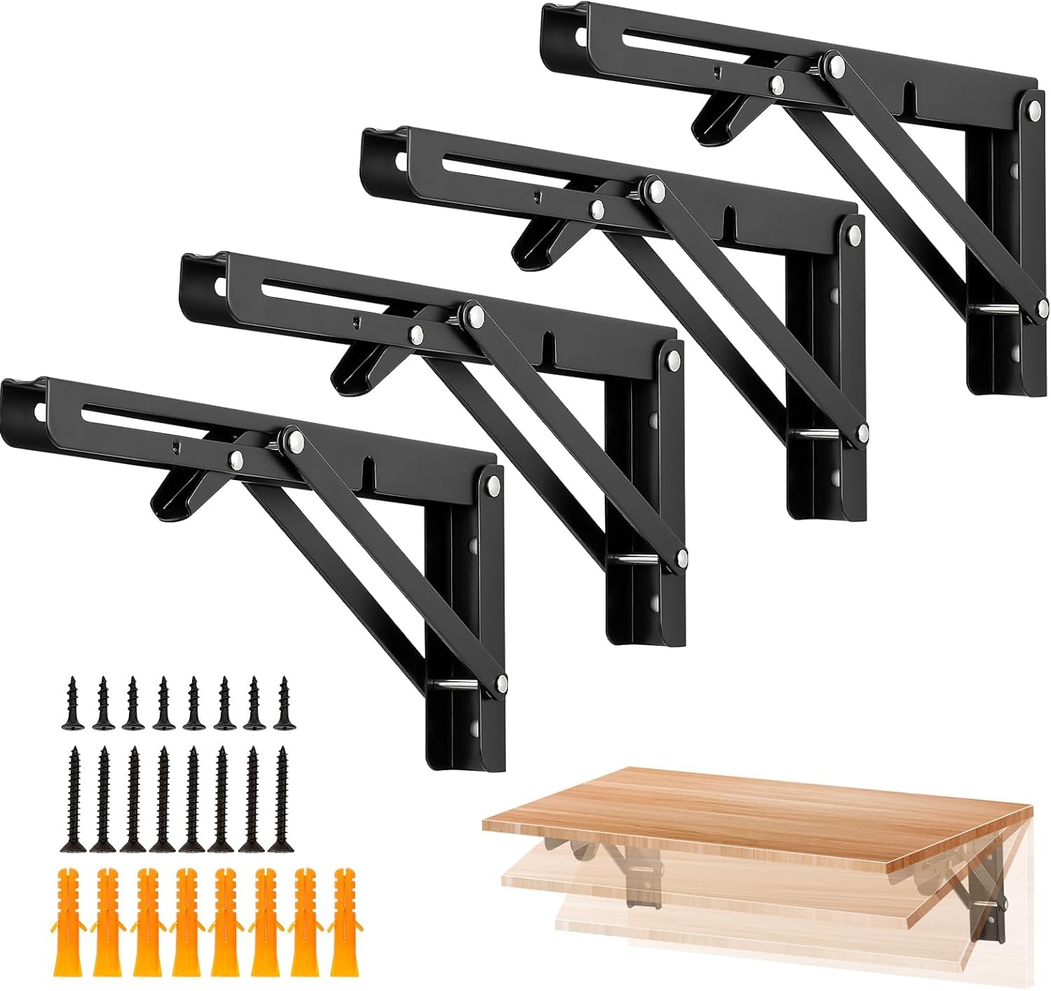 8 to 18 Inches Folding Shelf Brackets , Heavy-Duty Collapsible Metal L Brackets for Wall-Mounted Workbench & Foldable Table, 330lb Capacity, Black Steel Folding Hinge Set (4, 10 - Inches)-image-12