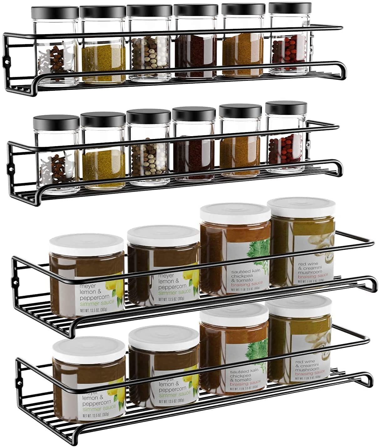 GEEDIAR Spice Rack Organiser, 4 Pack 2 Size Hanging Wall Metal Spice Holder Kitchen Shelf without Drilling