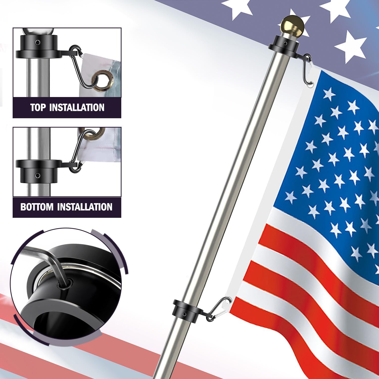 Loretoy Flagpole Ring Set with Bearings, Aluminum Alloy Flag Pole Rings, 360° Rotating Flag Mounting Ring, Spinning Flag Pole Clips Kit with Carabiner for 0.75-1.0 Inch Diameter Flagpole| Black-4 Pack
