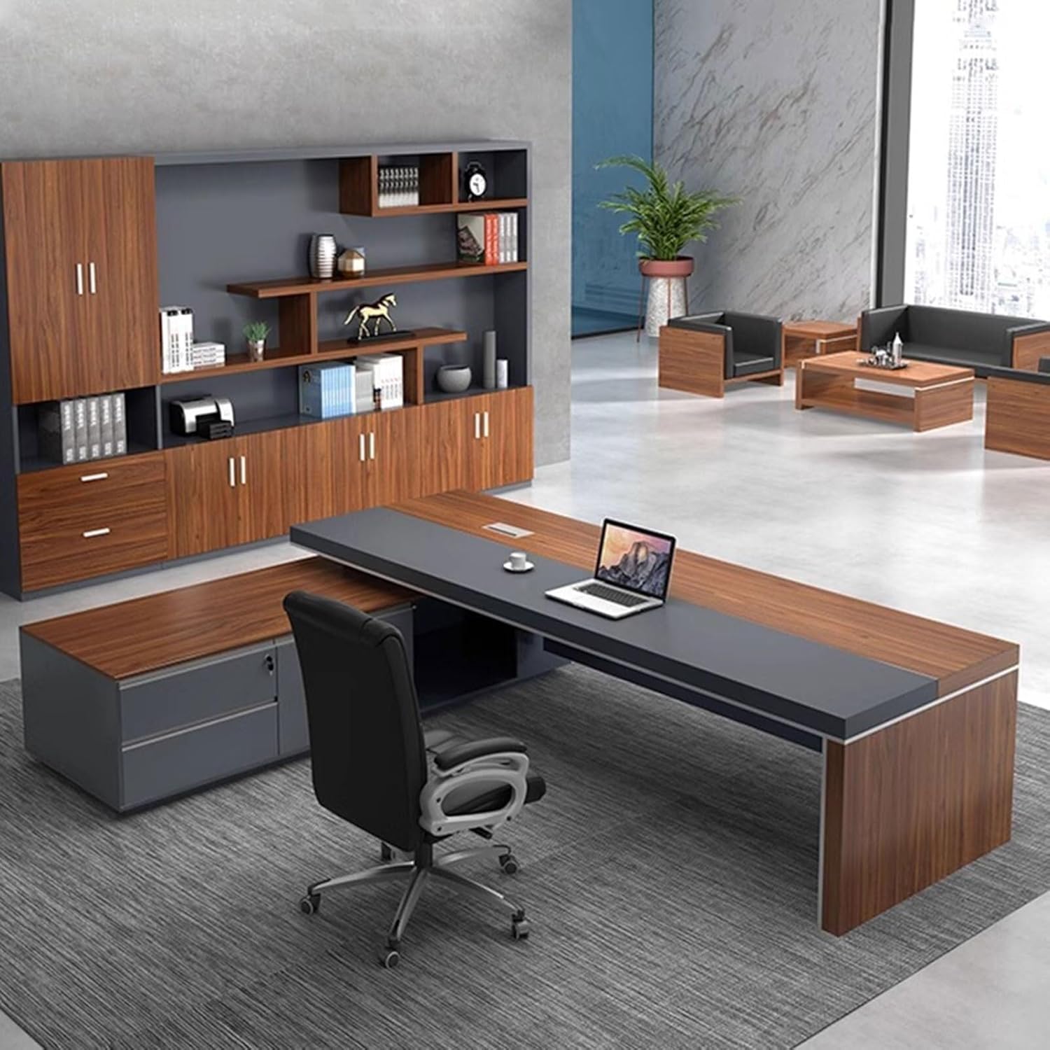 Modern L Shape Executive Desks Large Home Office Desks Rustic Computer Table Luxury Business Furniture with Lateral Cabinet Drawers for CEO Boss Study Bedroom(78in)