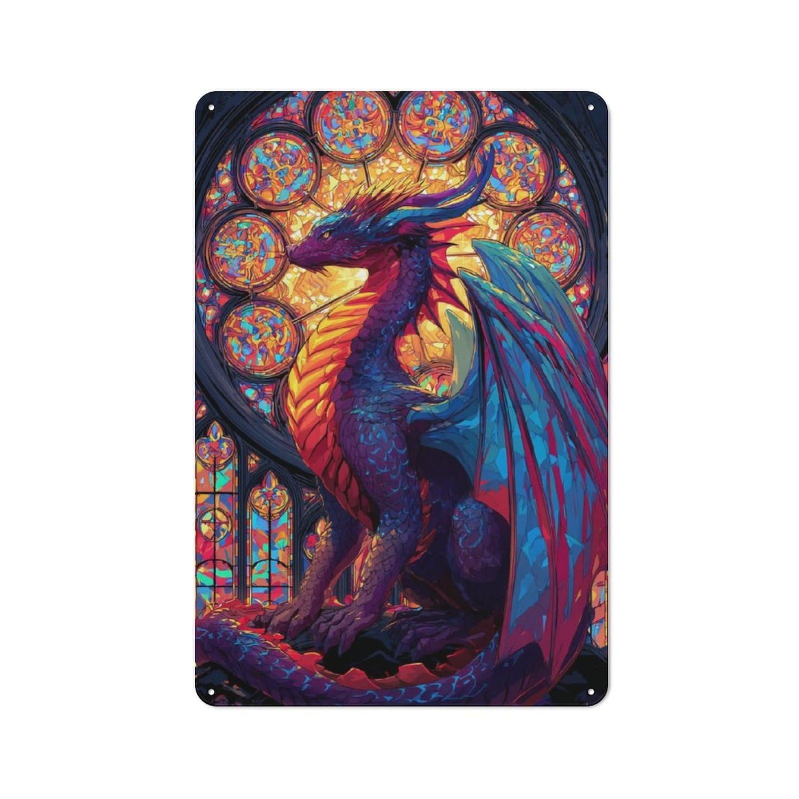 Junmoney Dragon In Stained Glass -2 Tin Wall Plaque 30X20cm With For Kitchen Or Home Bar, Metal Sign Decor For Dining Areas And Home Bars
