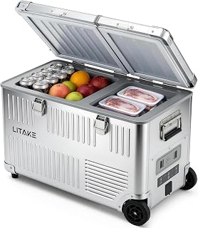 Litake 铝制 车载冰箱 40升 2室 便携式冰箱 带把手 -20°C~20°C 内置电池 压缩机式 车中过夜 露营