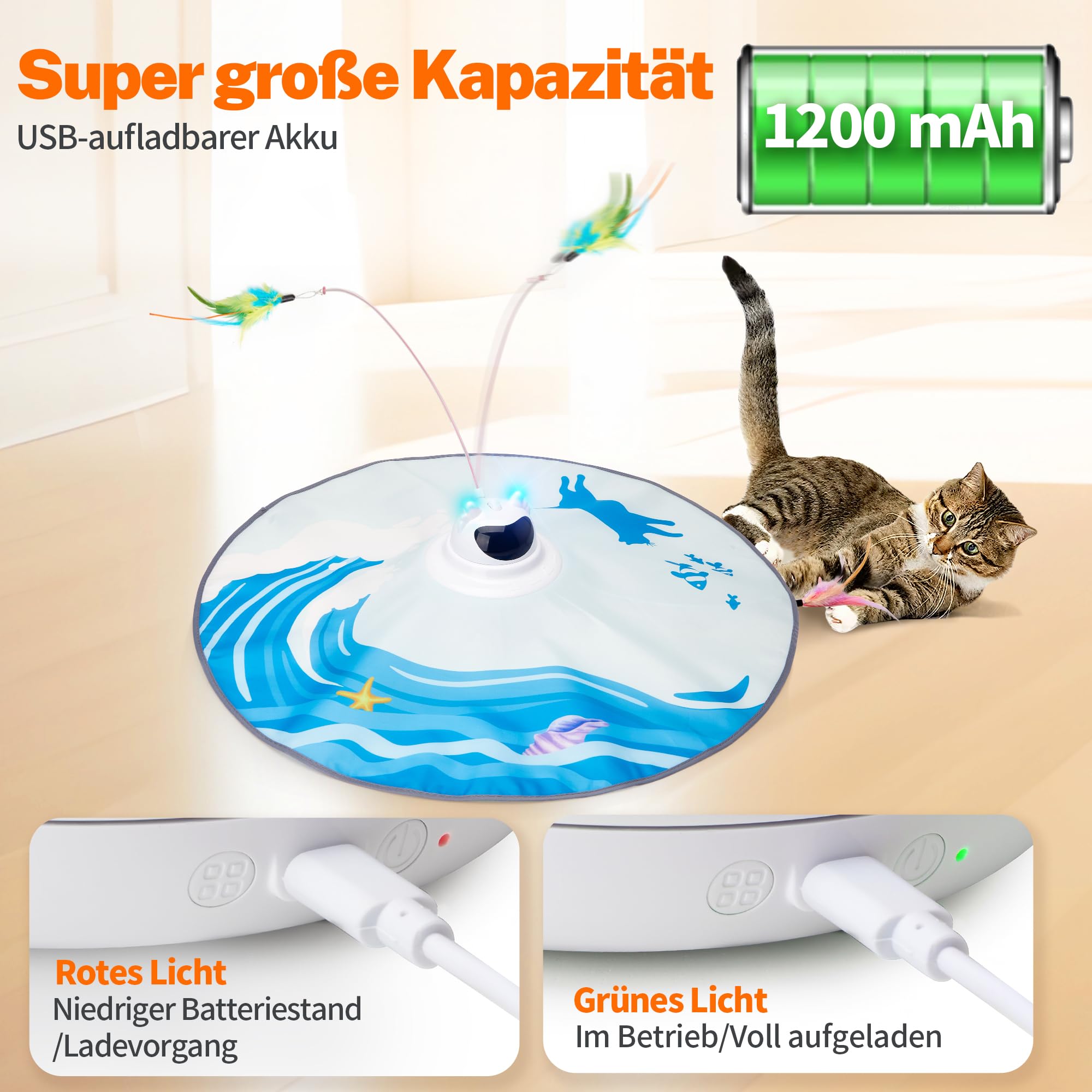 Toozey Interaktives Katzenspielzeug mit 3 abnehmbaren Federn, Elektrisches Katzenspielzeug mit Federautomatik & USB-Aufladung, Selbstbeschäftigungspielzeug für Katzen jeden Alters, Blau