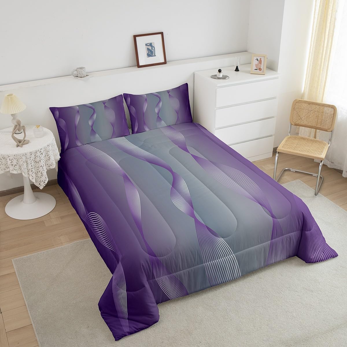 Erosebridal Gradient Grey and Purple Bedding Set Ombre Comforter Set for Girls,Spiral Silver Print Wave Striped Pattern Queen Quilt,Abstract Art Room Decor Aesthetic