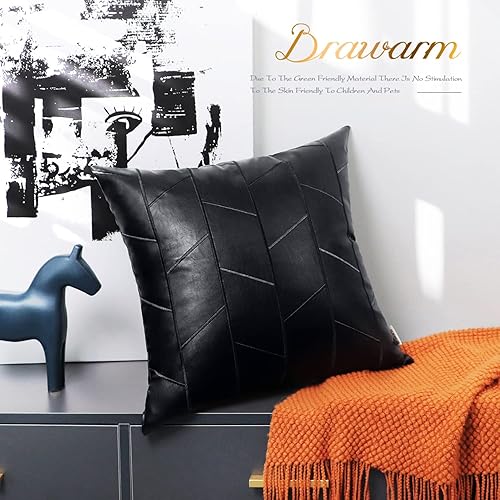 Miniatura 4 de BRAWARM Fundas de almohada de piel sintética de 18 x 18 pulgadas, fundas de almohada de cuero negro, paquete de 2, almohadas decorativas de cuero