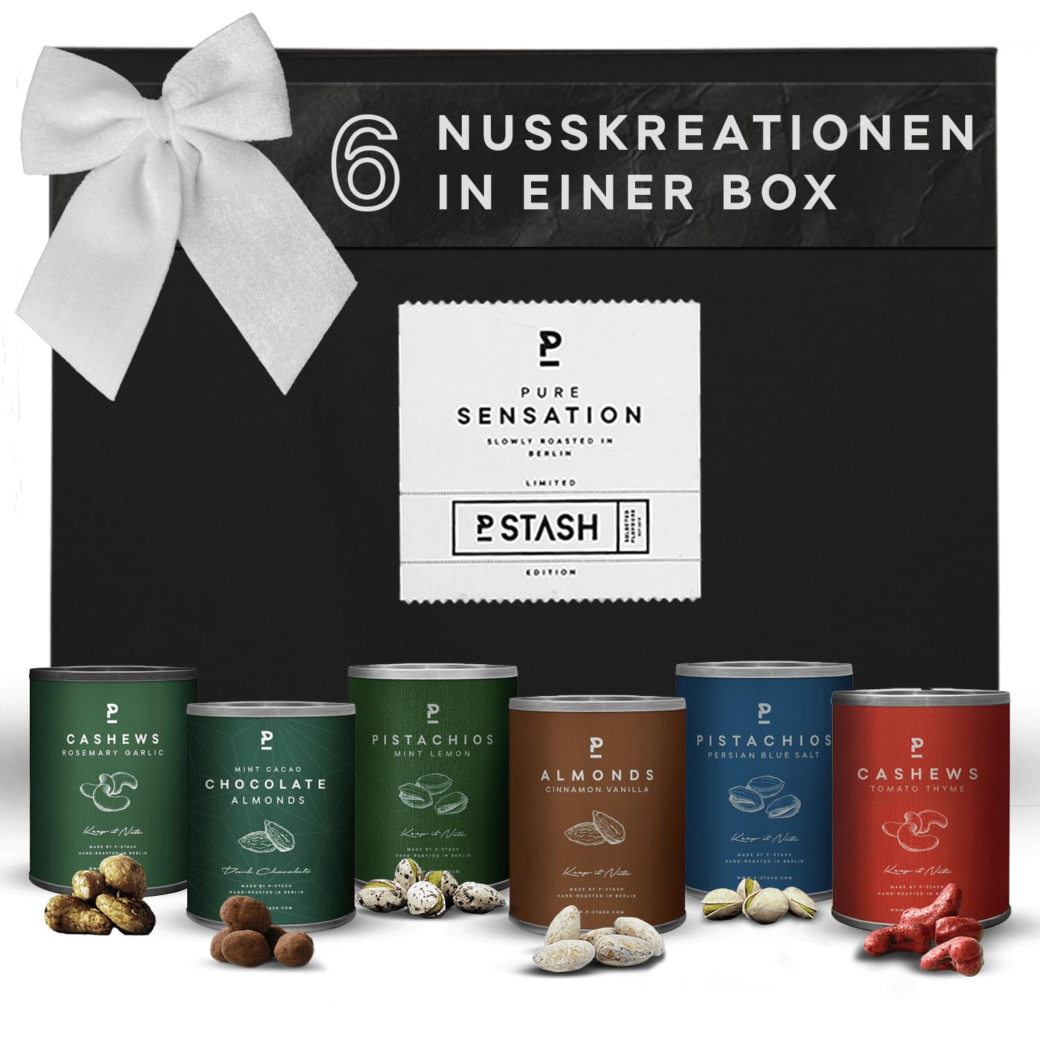 P-Stash Black Box Nussmischung - 6er Box Nüsse Mix - Cashews, Mandeln & Pistazien - Mixed Nuts mit einzigartigen Gewürzkombinationen, handgeröstet in Berlin (6er Box, Pure Sensation)