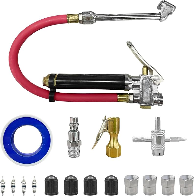 17 Piece 0-200 PSI Tire Inflator and Pressure Gauge Kit | brass fittings, air chuck and core tools included, supports compatible inflation service, automotive repair tools