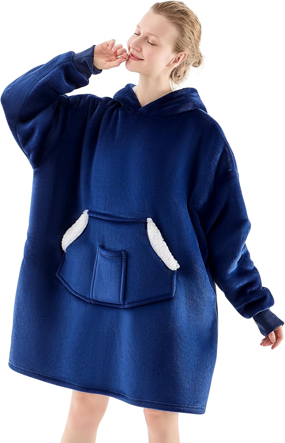 Wearable Blanket Hoodie, Oversized Sherpa Fleece Sweatshirt Blanket with Giant Pockets & Sleeves for Adult, Cozy Hooded Blanket, Winter Gift for Women, Navy Blue