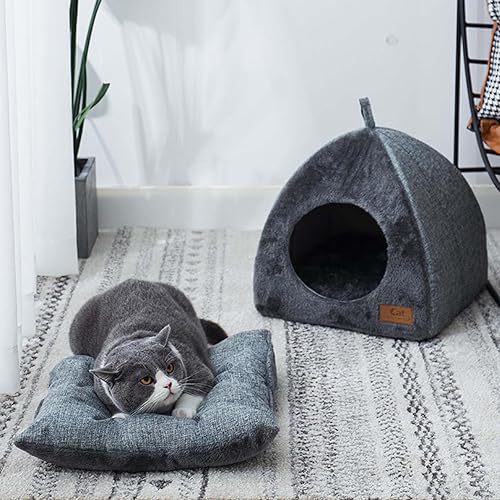 Miniatura 6 de Cueva para gatos, cueva de cama para gatos de interior, con almohadilla de cojín extraíble de doble cara esponjosa, casa escondida para gatitos,