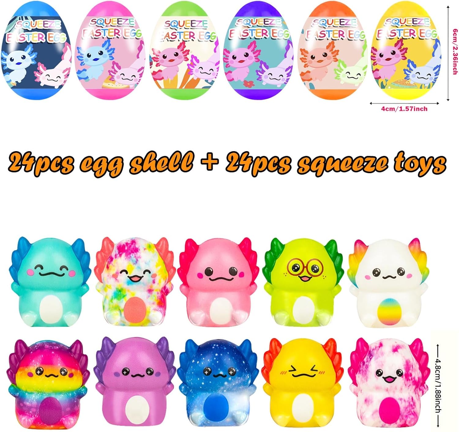 24 Pack Prefilled Easter Eggs with Slow Squishy Toys Axolotl Toy Easter Eggs Filled for Kids Boys Girls Easter Basket Stuffers Party Favors Easter Egg Fillers Hunt
