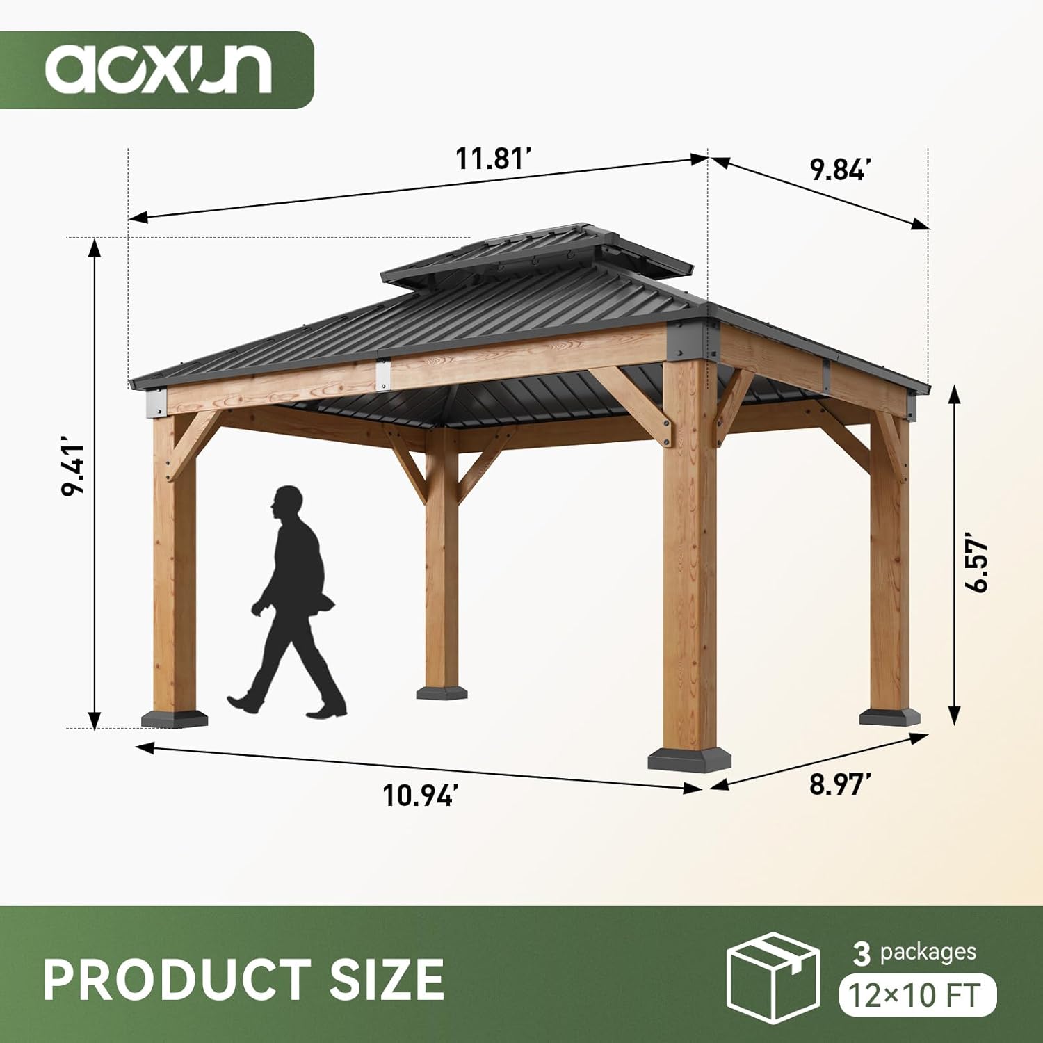 Aoxun 10' x 12' Outdoor Wood Gazebo, Hardtop Gazebo Permanent Wooden Pavilion with Galvanized Steel Double Roof, for Patio, Garden, Deck, Cedar Wood, Natural