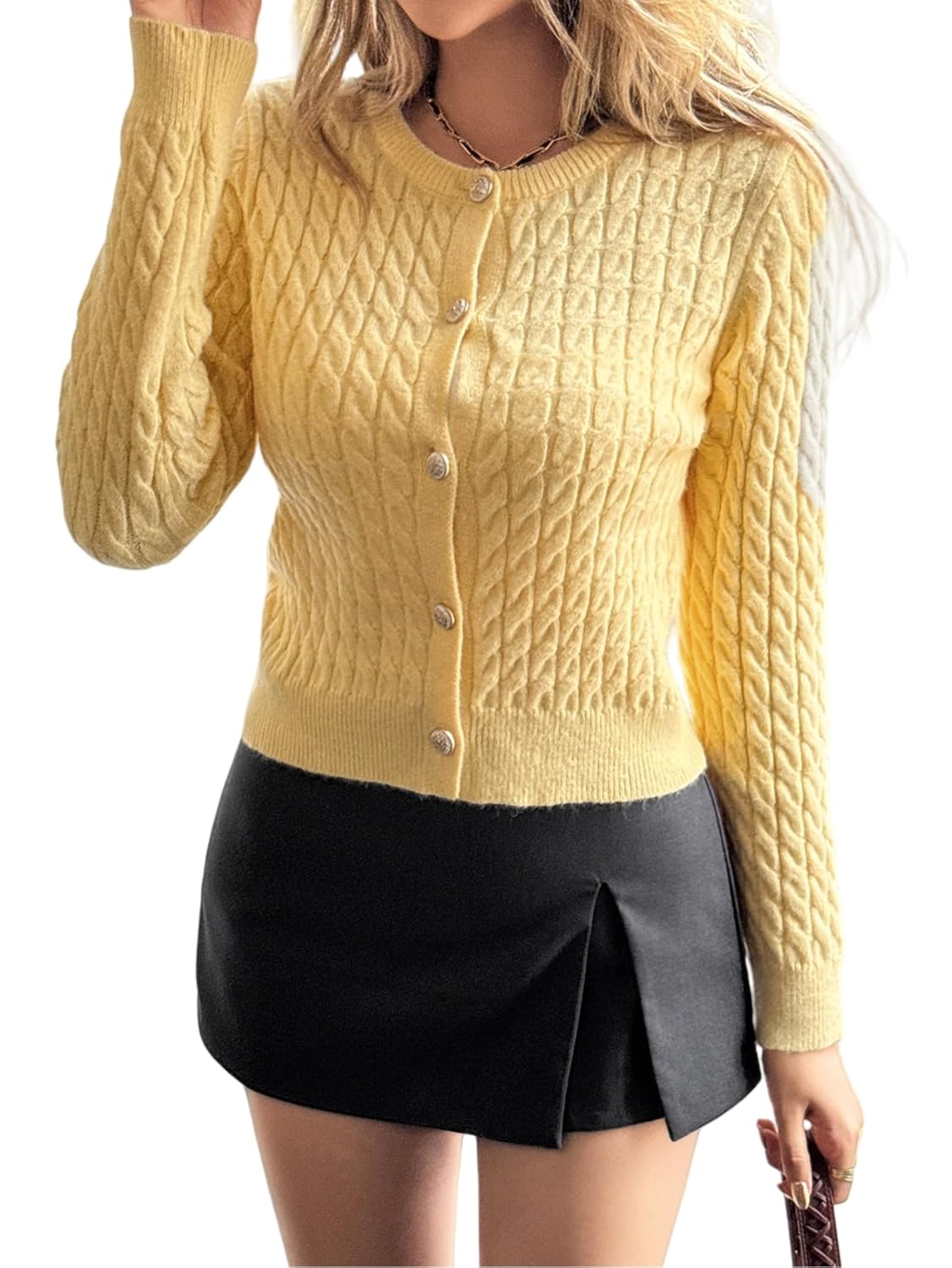Women Cable Knit Cropped Cardigan Long Sleeve Botton Up Lightweight Soft Sweater 2026 Fall Winter Trendy Y2k Tops