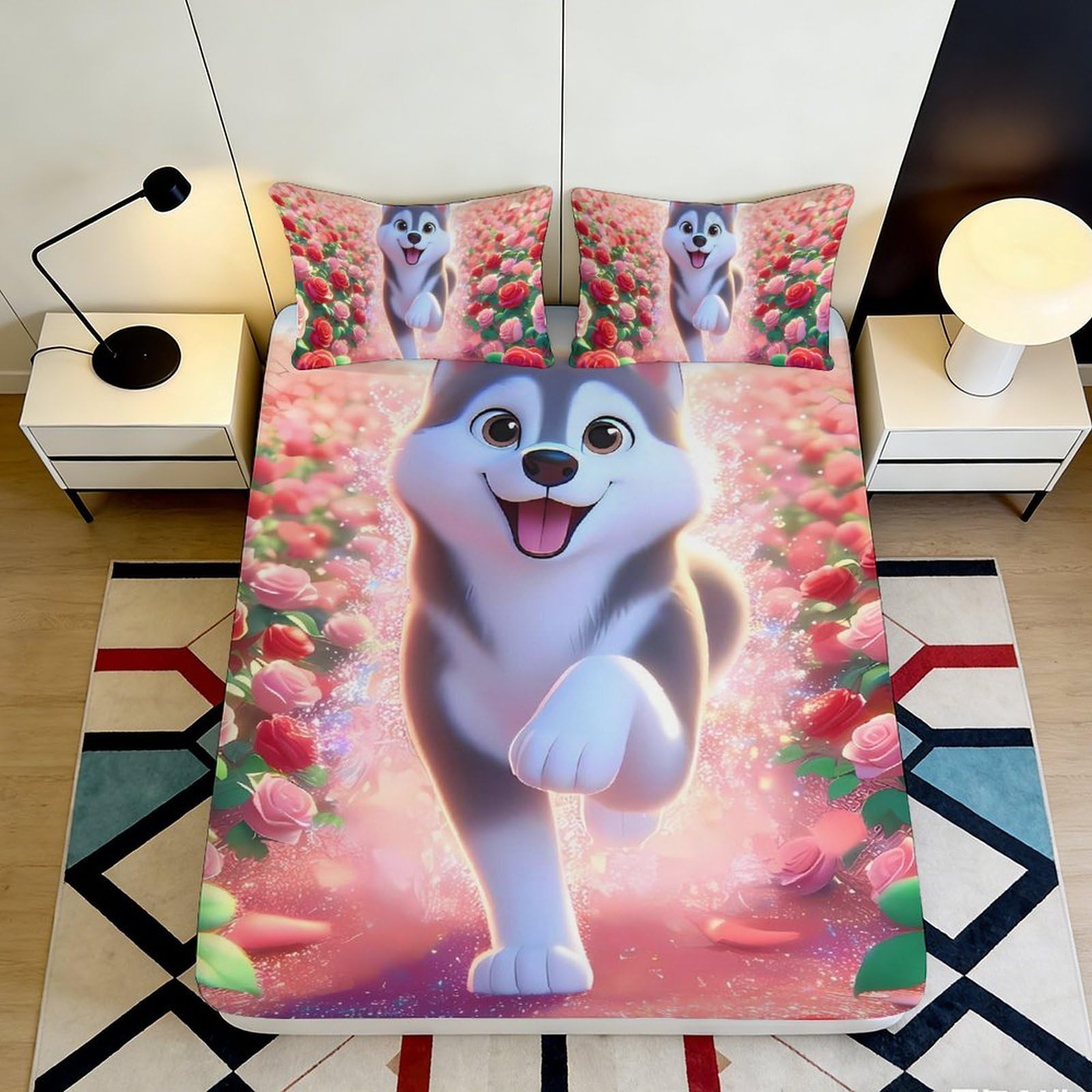 3D Printed Cartoon Husky Fitted Sheet Microfiber Deep Pocket Bedding Set Cartoon Husky Mattress Fitted Cover Non-Slip for Home Teens Adults 180x200x25cm