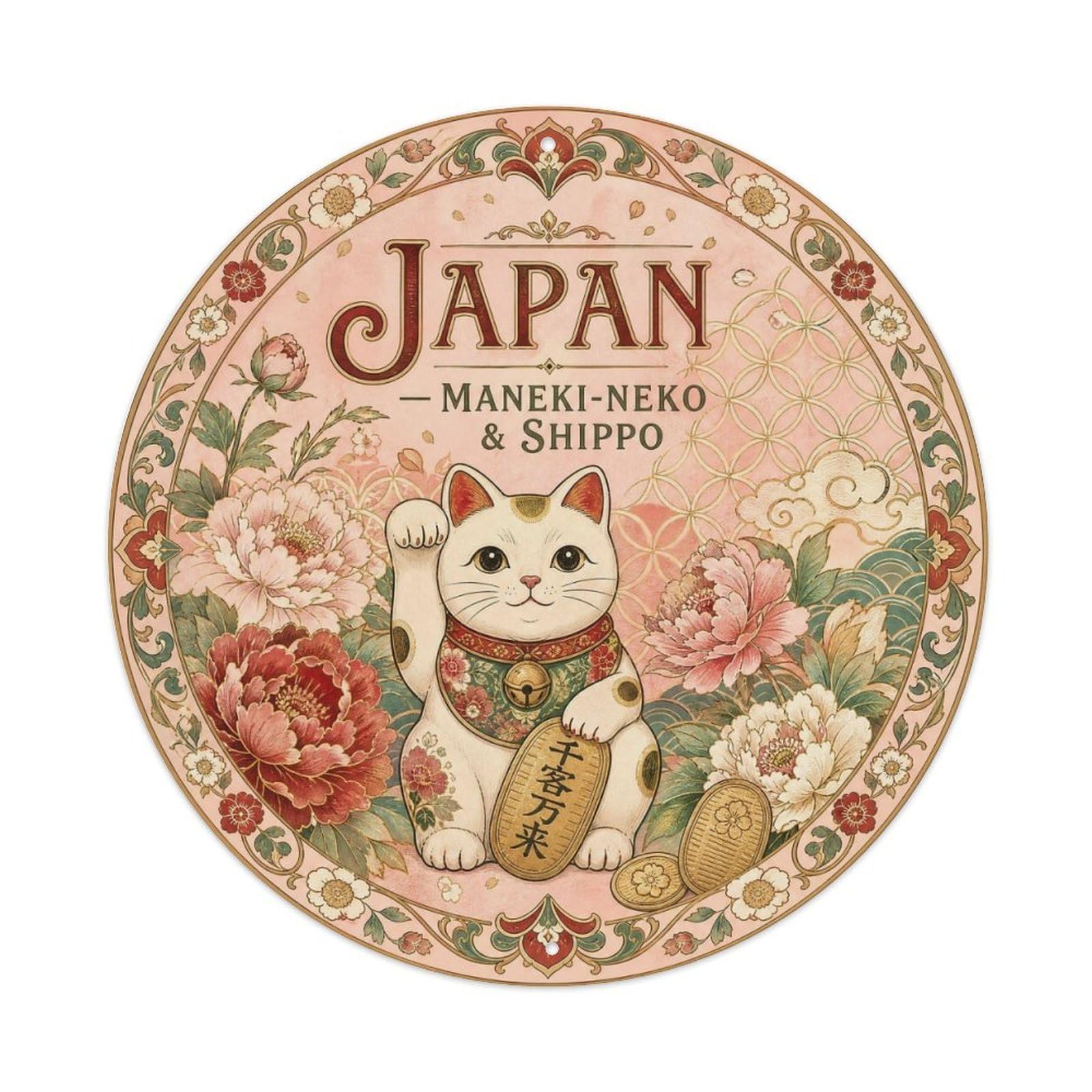 Olyhtr 8X8inch Classic Style Taisho Japan Maneki Neko Shippo Ceramic Folk Metal Tin Sign