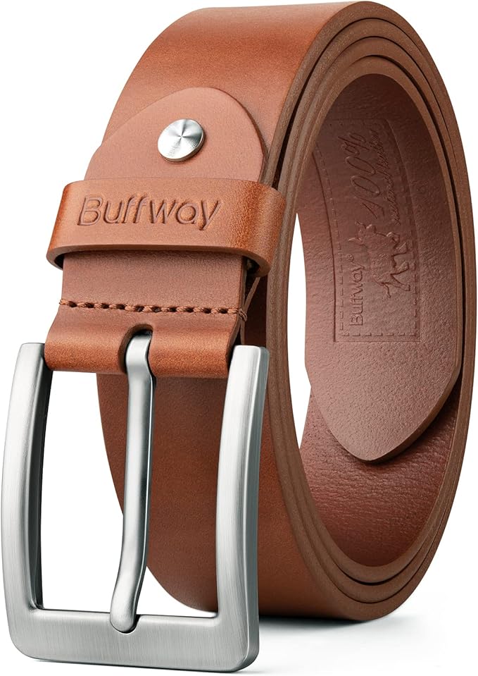 Buffway Minimalist 1.5" Full Grain Leather Belts for Men with Metal Buckle, Heavy Duty Mens Casual Belts in Gift Box