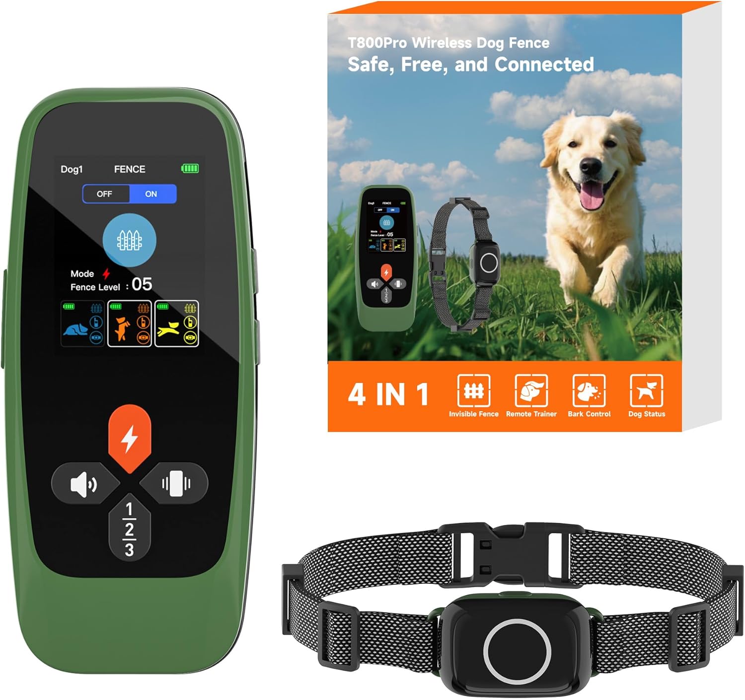 Wireless Dog Fence with Real-Time Tracking & TFT Color Screen – 4-in-1 Invisible Electric Dog Fence System, 3300ft Range, IPX7 Waterproof, Bark Control & Anti-Loss Alarm for Medium/Large Dogs Vine 3