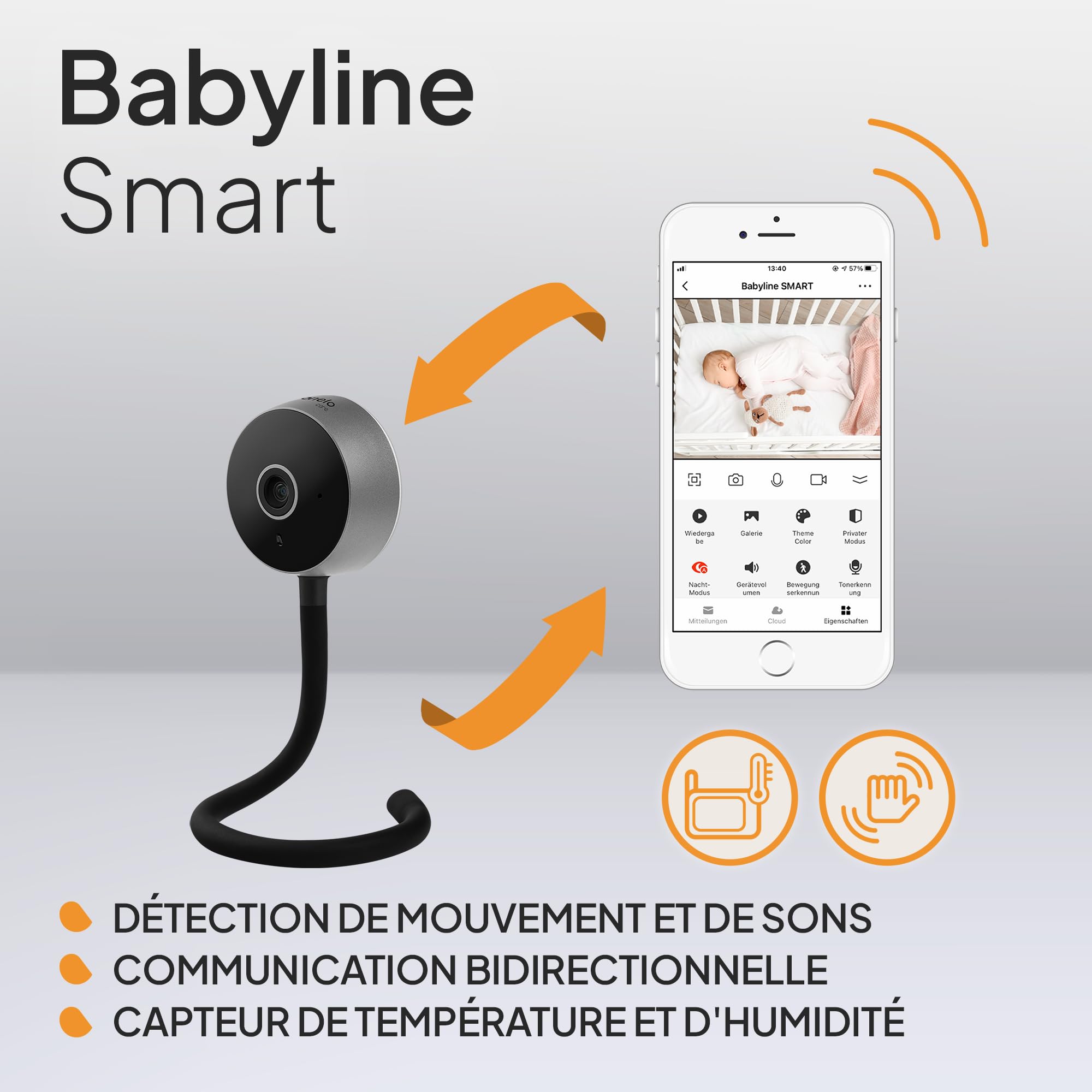lionelo Care Babyline Smart babyphone Smartphone Intelligent, Camera Bebe WiFi, Application Mobile, détection de Mouvement et de Son, visibilité dans l'obscurité (White) (Black)