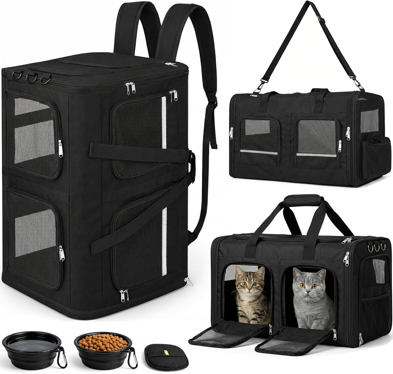 Extra Large 3-in-1 Cat Carrier for 2 Cats, with Removable Divider, Superior Ventilation, Portable Soft Sided Double Cat Carrier Large, Hair Removal Glove, 2*Bowl, Extra Side Storage Bag Included