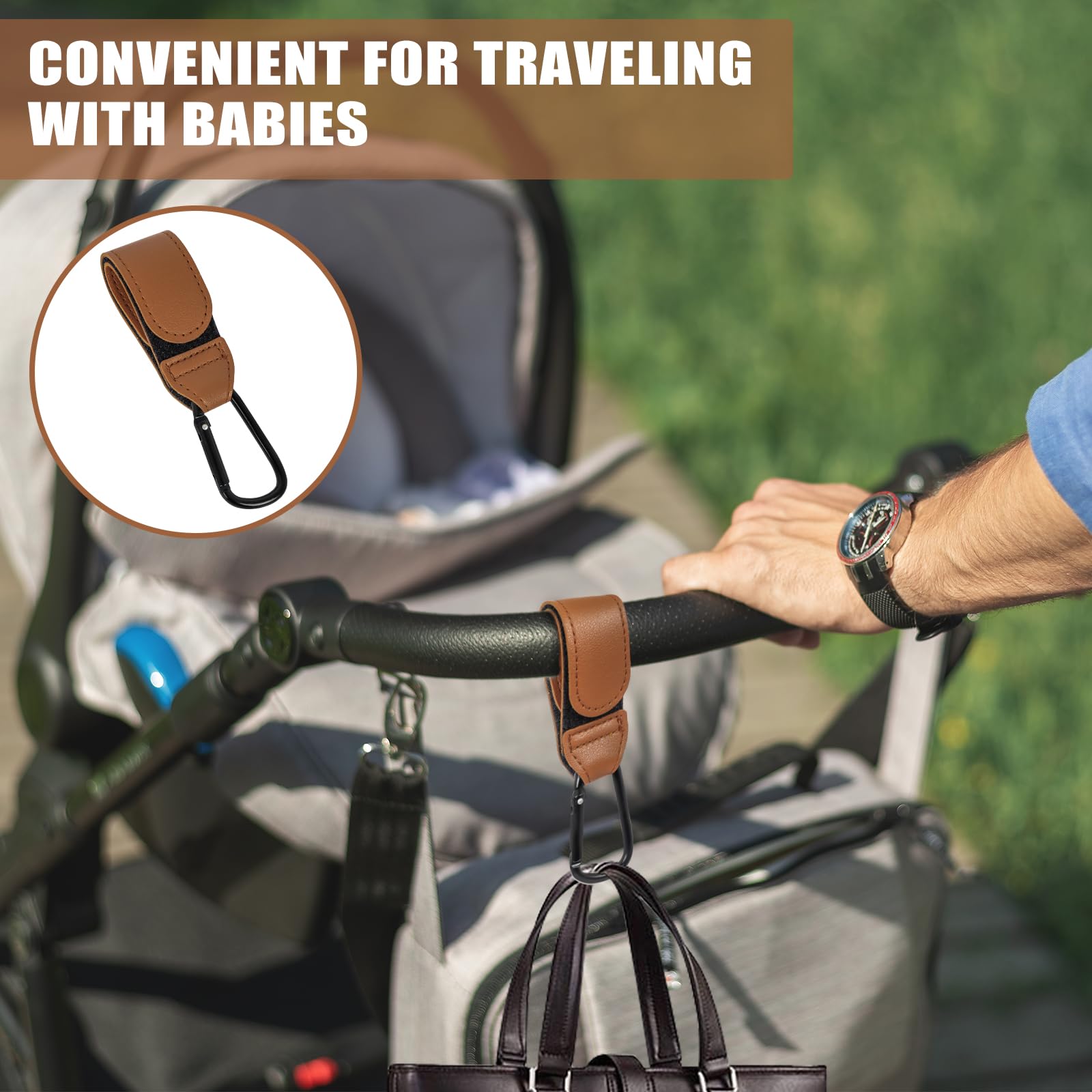 4 Pcs Leather Buggy Clips,Pram Hook Clip,Pram Rocker Clip for Bags Buggy Bike Rocker Clip,Universal Pram Accessories for Pushchair,Shopping Bag,Backpack(Brown) - Image 4