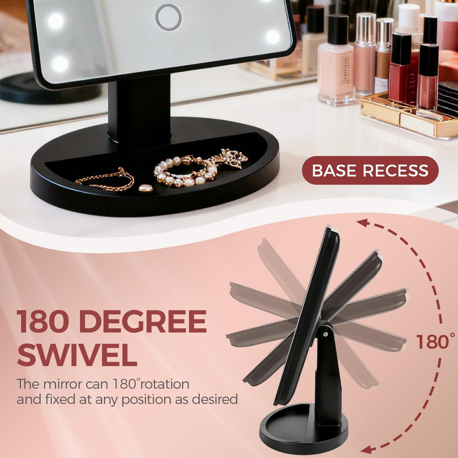 KOOKIN Lighted Vanity Makeup Mirror Led Lights 180° Rotation Lighted Mirror Touch Screen Adjusted Brightness Desk Mirrors USB Dual Supply Bathroom Beauty Cosmetic Mirrors (Black)