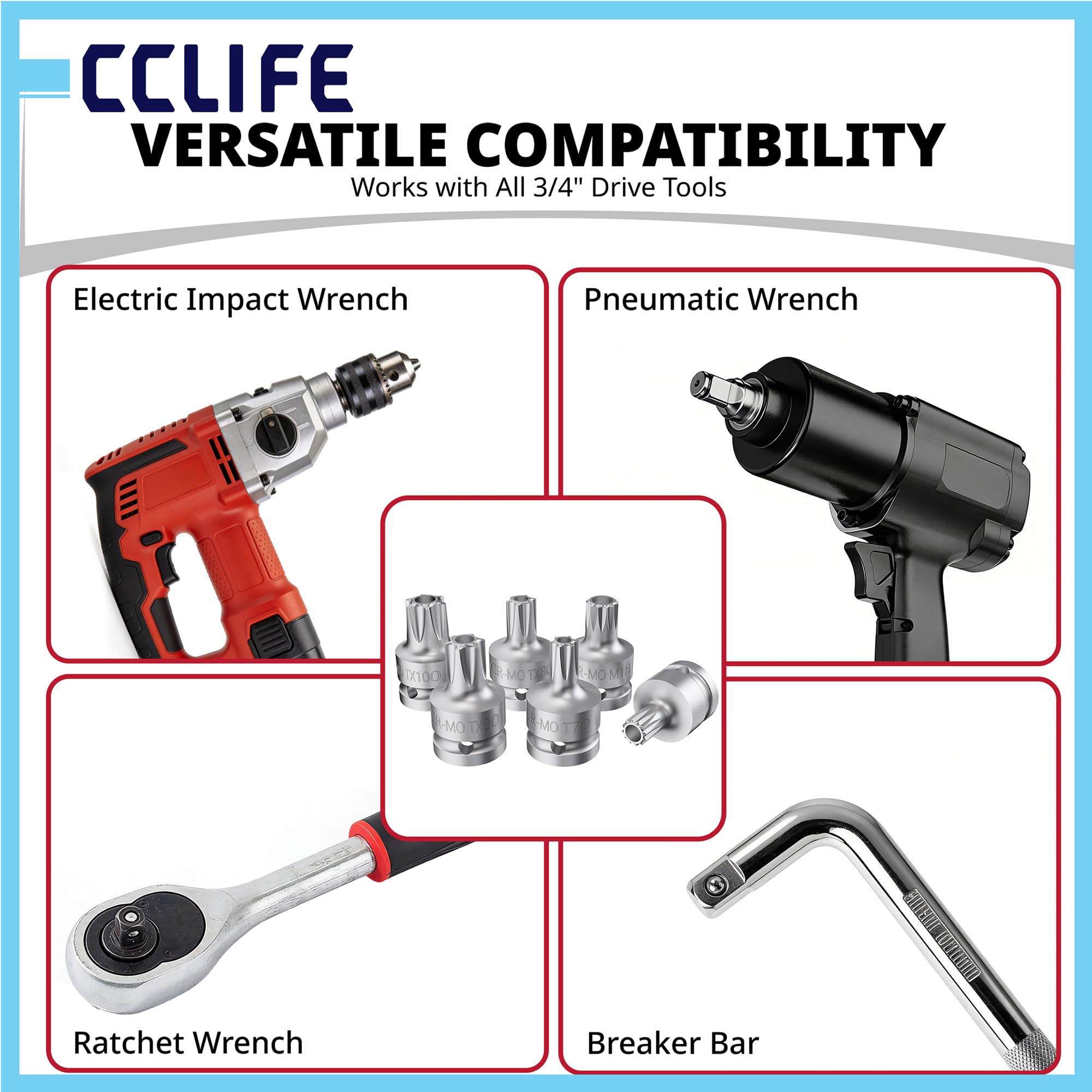 CCLIFE Torx zestaw kluczy nasadowych 3/4 cala, 6-częściowy T70-T100 M16-M18, metalowa kaseta do warsztatu i konserwacji samochodu, stal Cr-Mo