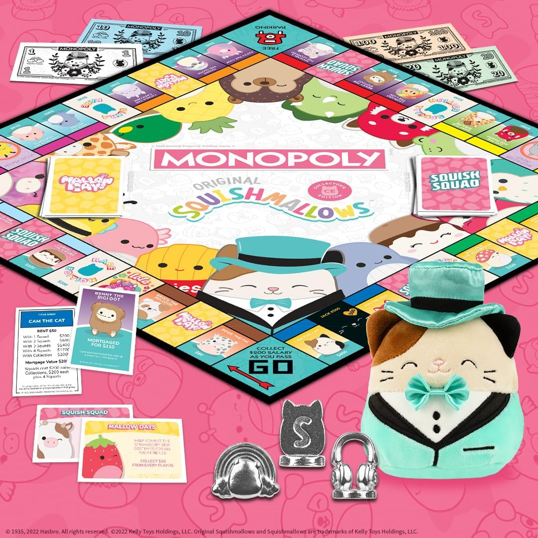 Monopoly: Squishmallows Collector’s Edition Board Game, Exclusive Cam the Cat Plush Included, Buy, Sell, & Trade Spaces Featuring Iconic Characters, Officially Licensed Merch, Collectible and Gift