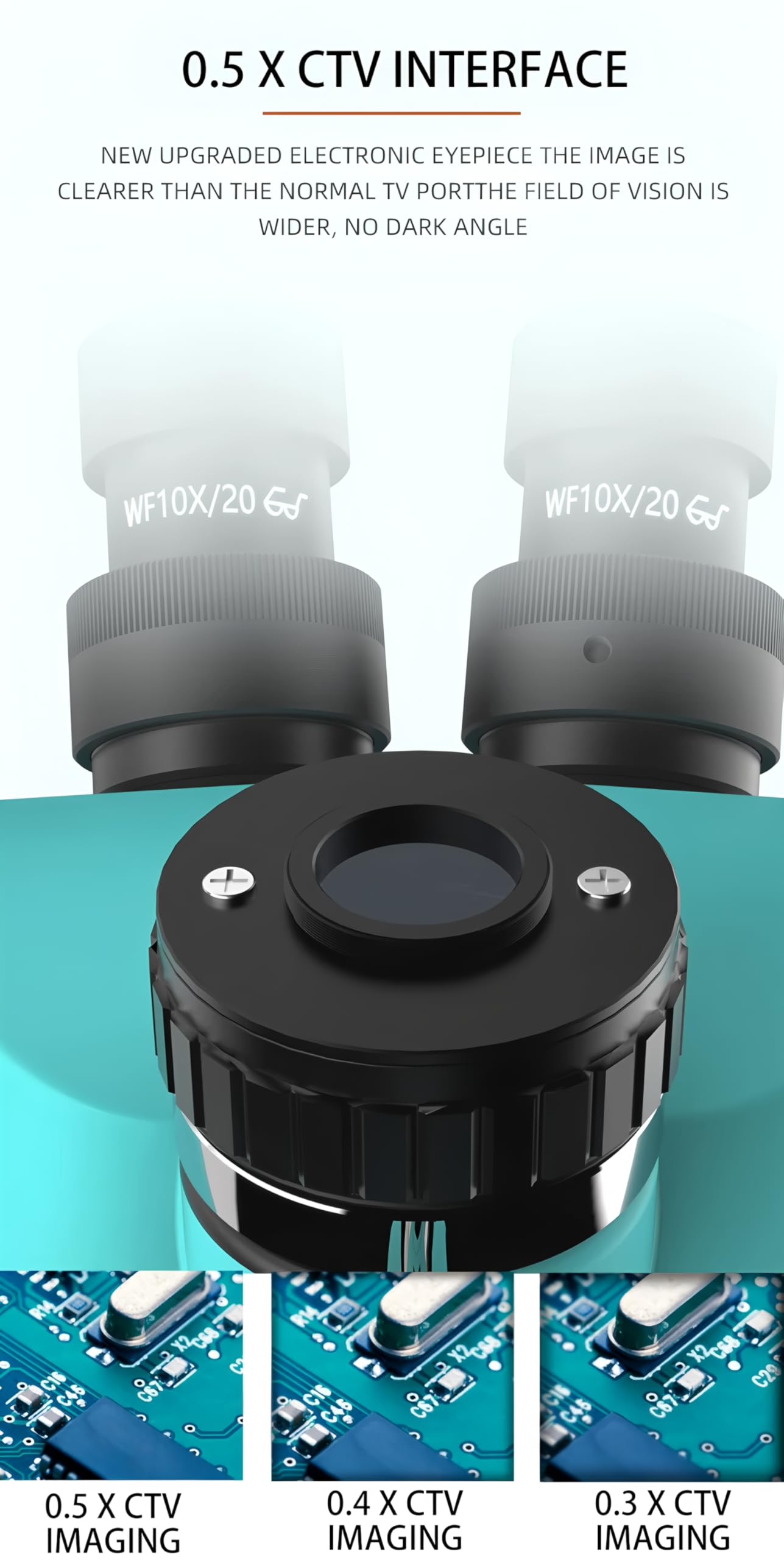 Cabeza trinocular de microscopio con Zoom Continuo WF10X/22mm y Enfoque simultáneo 7-50X, para Soldadura de PCB y teléfonos (RF-7-50X 0.5CTV LED)