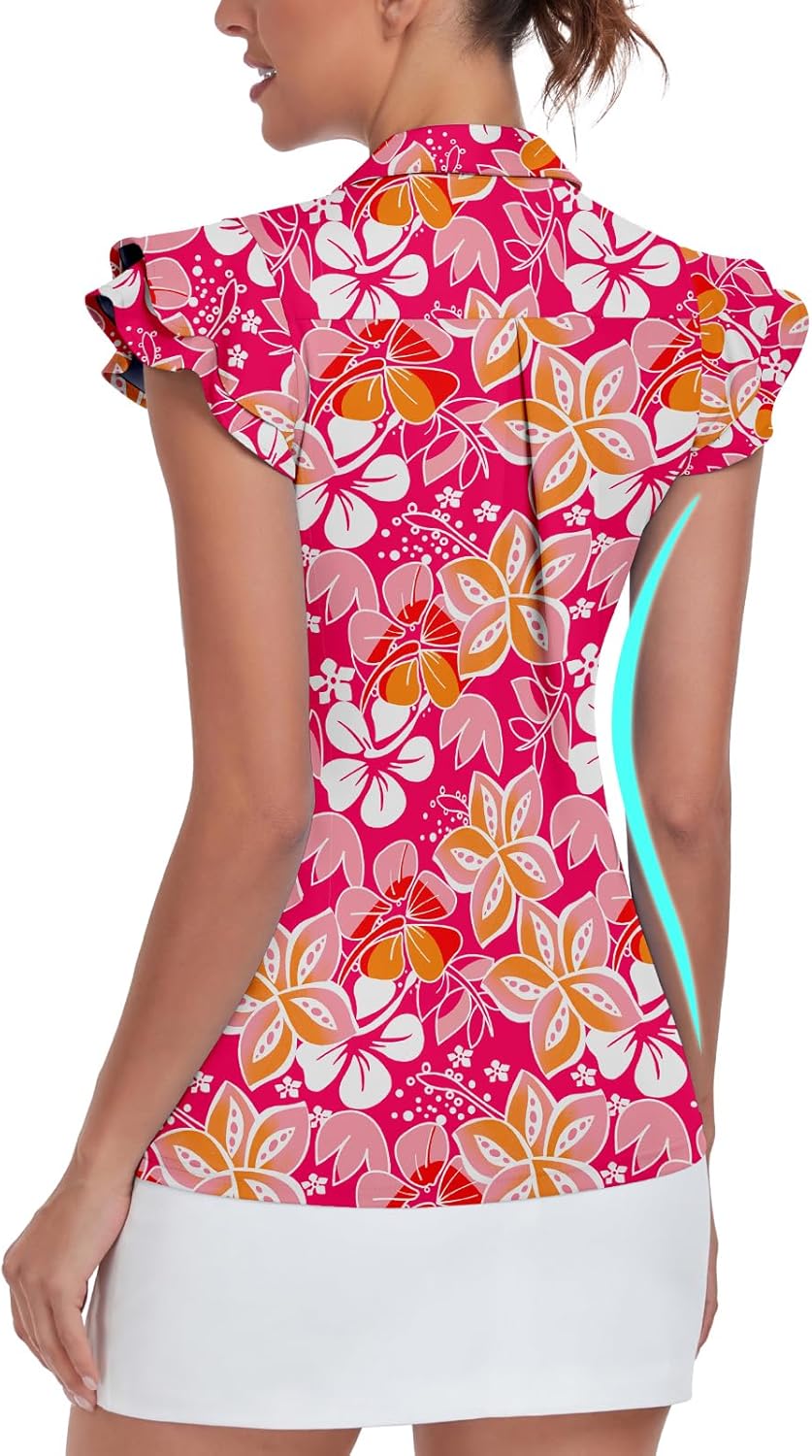 Soneven Womens Golf Shirts Ruffle Short Sleeve Polo Shirts Floral Moisture Wicking Tennis Shirts Golf Tops