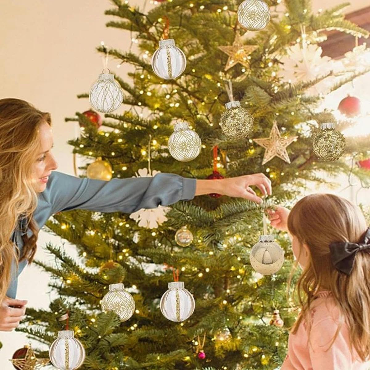 25 Piezas Adornos de Bolas de Navidad de 6 cm Adornos Transparentes Dorados con Purpurina Decoraciones Colgantes para árbol de Navidad para el hogar-Negro Dorado-6 cm