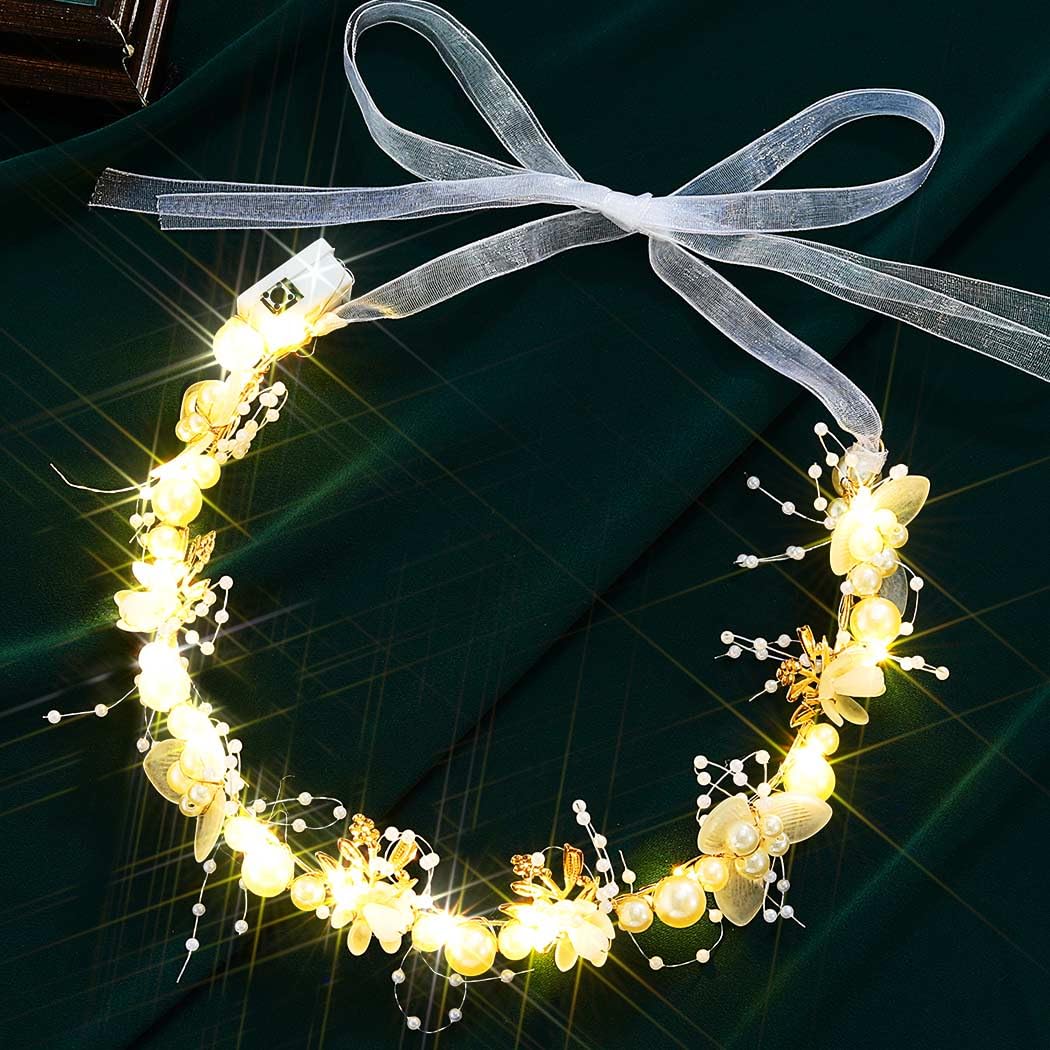 Jovono Light Up Pearl Bride Wedding Headbands Gold LED Flower Bridal Headpiece Leaf Hair Accessories for Women (White, Free size)