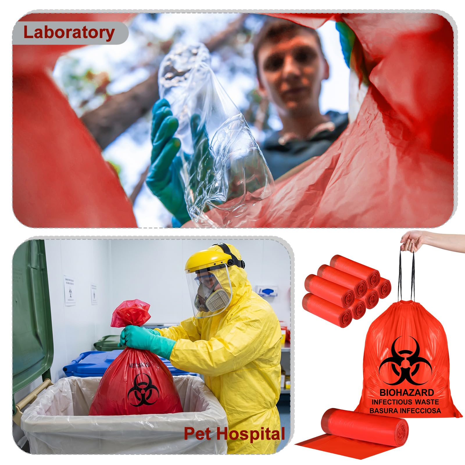 Geiserailie 140 bolsas de eliminación de residuos de riesgo biológico de 24 x 24 pulgadas, bolsas de desechos infecciosos con cordón, bolsas rojas de riesgo biológico de 10 galones, 20/rollo para