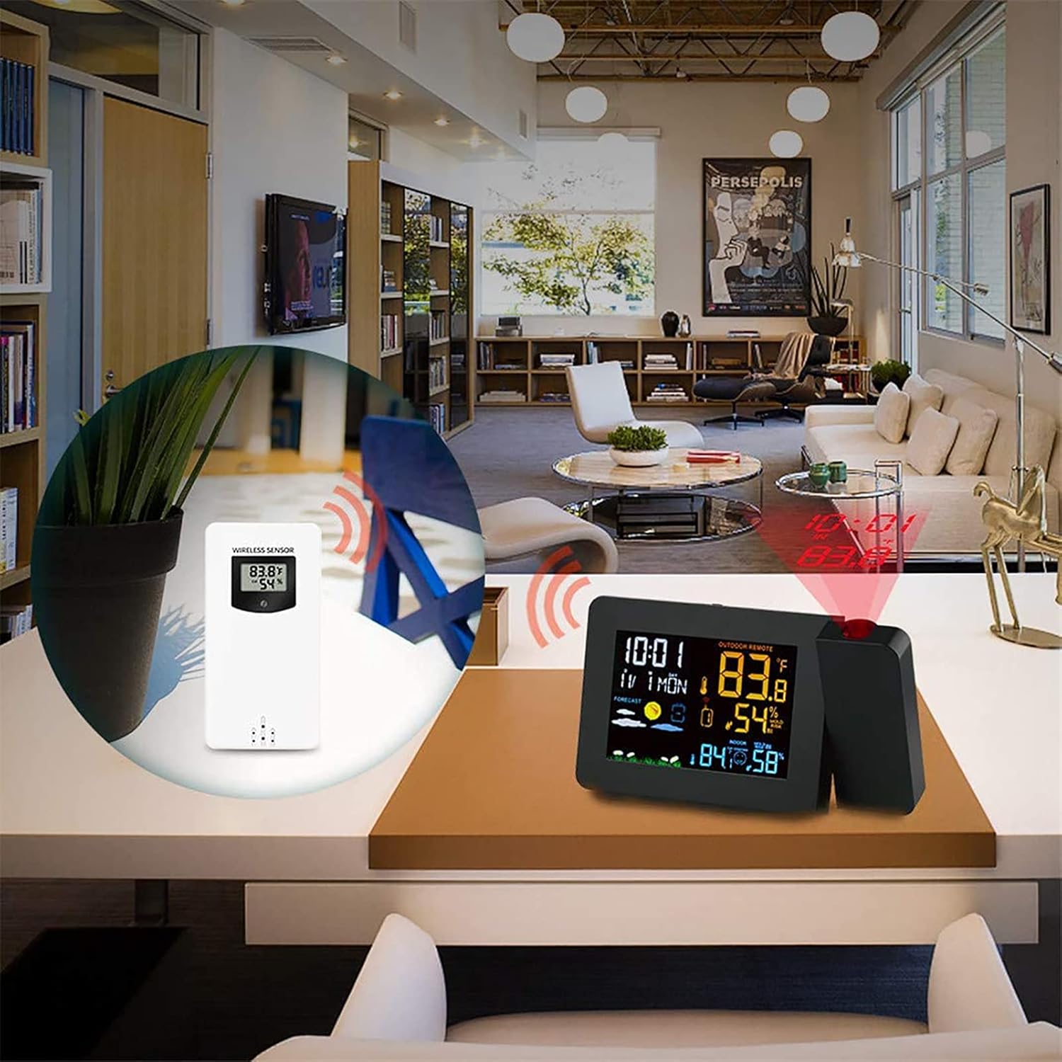 Wireless Weather Station Projection Alarm Clock, with Backlight Colorful Outdoor Weather Sensors, Date Snooze Digital Temperature Humidity Clock