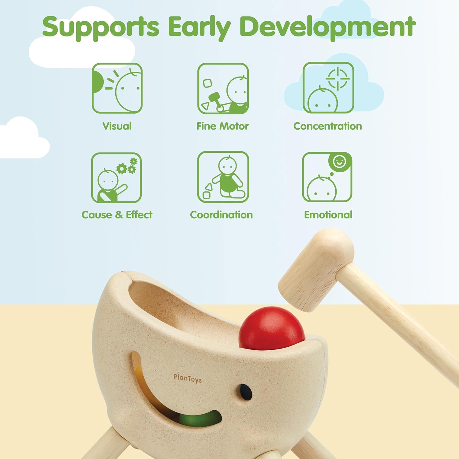 PlanToys® Miracle Pounding II Wooden Pounding Bench Toy for Kids Ages 2+ | Montessori Fine-Motor & Hand-Eye Coordination Activity for Focus & Strength | Eco-Friendly Educational Toy