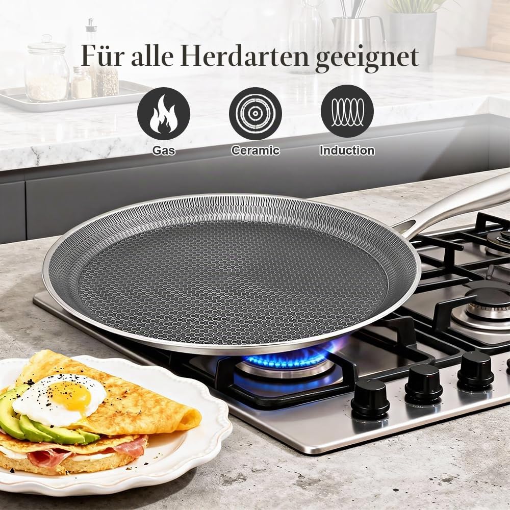 Crepe Pfanne aus Edelstahl 30 cm, Pfannkuchenpfanne mit Kratzfeste Antihaftbeschichtung, Induktions Kompatibel