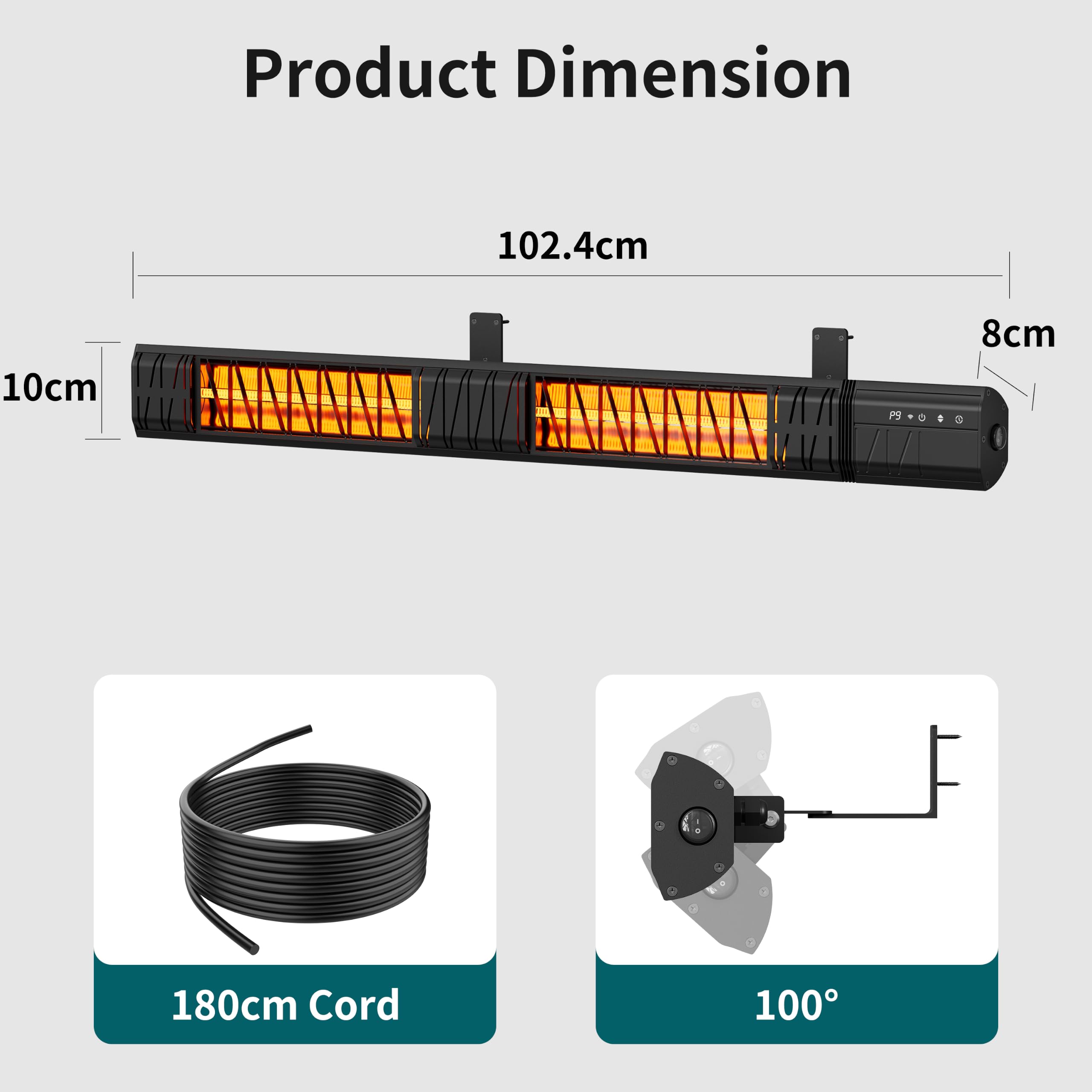 Elektryczny grzejnik na podczerwień 3000 W, z WiFi/Remote Control, wodoszczelność IP65, 9 poziomów ciepła, timer 24 h, 1 s ogrzewanie z włókna węglowego do użytku wewnątrz i na zewnątrz