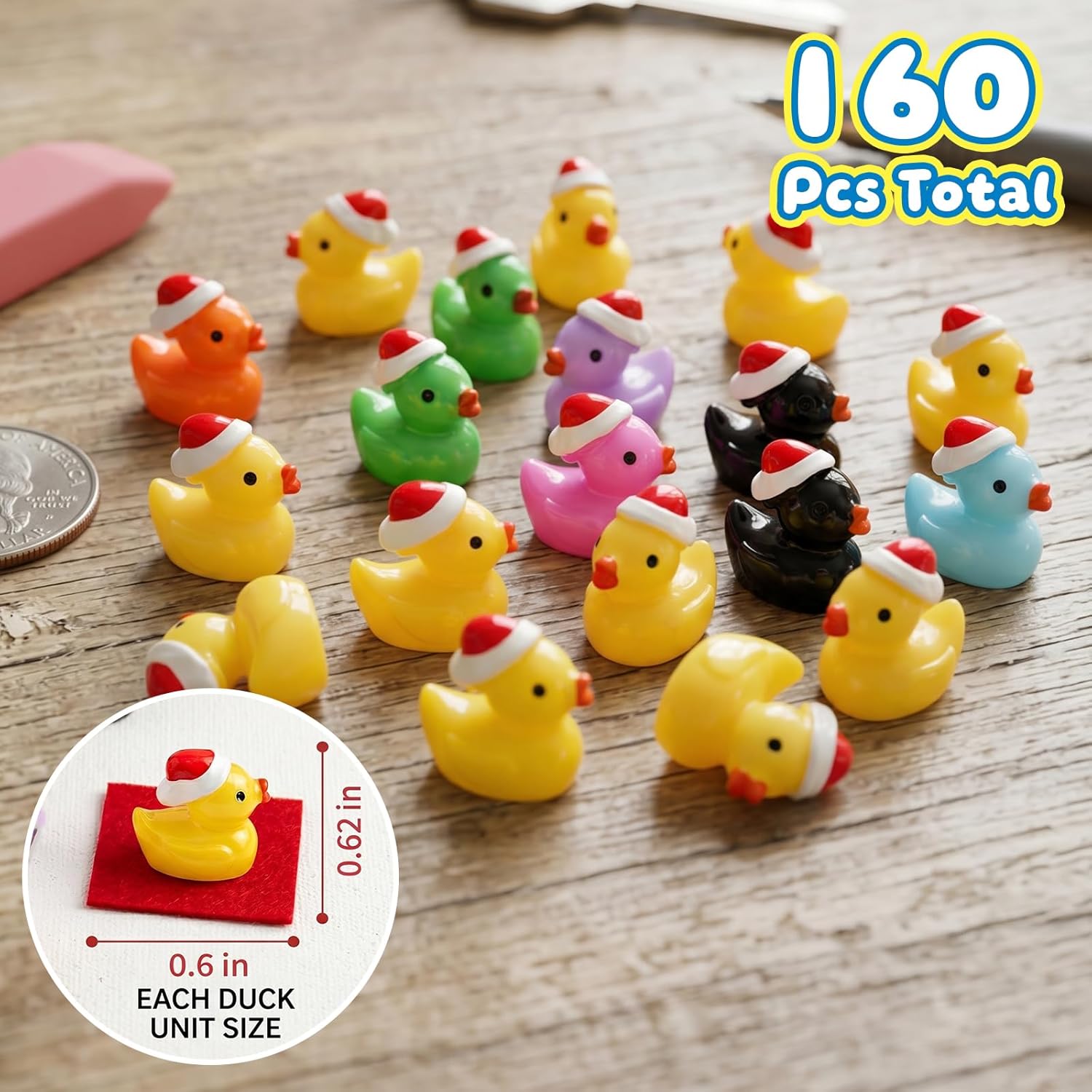 160 Pcs Christmas Mini Resin Ducks Tiny Santa Fairy Hat Duck Miniature Micro Landscape Garden Dollhouse Decor for Xmas Accessories DIY Craft Slime Party Gifts Prank Game Ornament Potted Plants