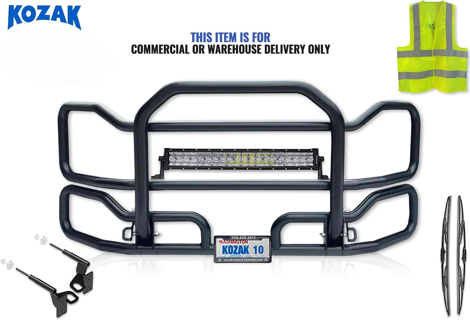 Black Front Grille Deer Moose Brush Bumper Guard Large Compatible with Freightliner Century PLUS 22" LED Light Bar, Bracket, Logo, Wipers, License Plate Holder & Frame, Reflective Vest