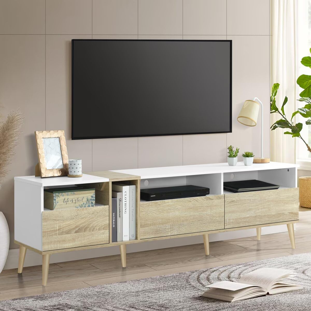 70.86" Modern TV with 3 Drawers and Open Shelves, Media Console Table for TVs up to 80'', Entertainment Center for Living Room, Color-Matching Design, Up to 70-79", White