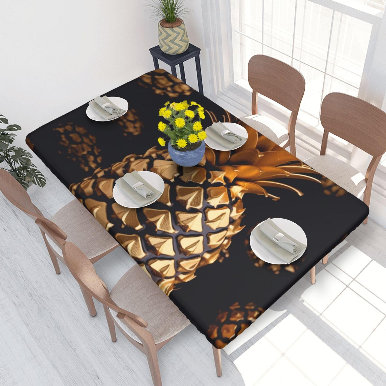 Dcarsetcv Golden Pineapple Printed 4Ft Waterproof Tablecloth With Elastic Edged Protect & Decor Your Table, Oil-Proof Washable Table Cloth Cover For Dinner Picnic Party