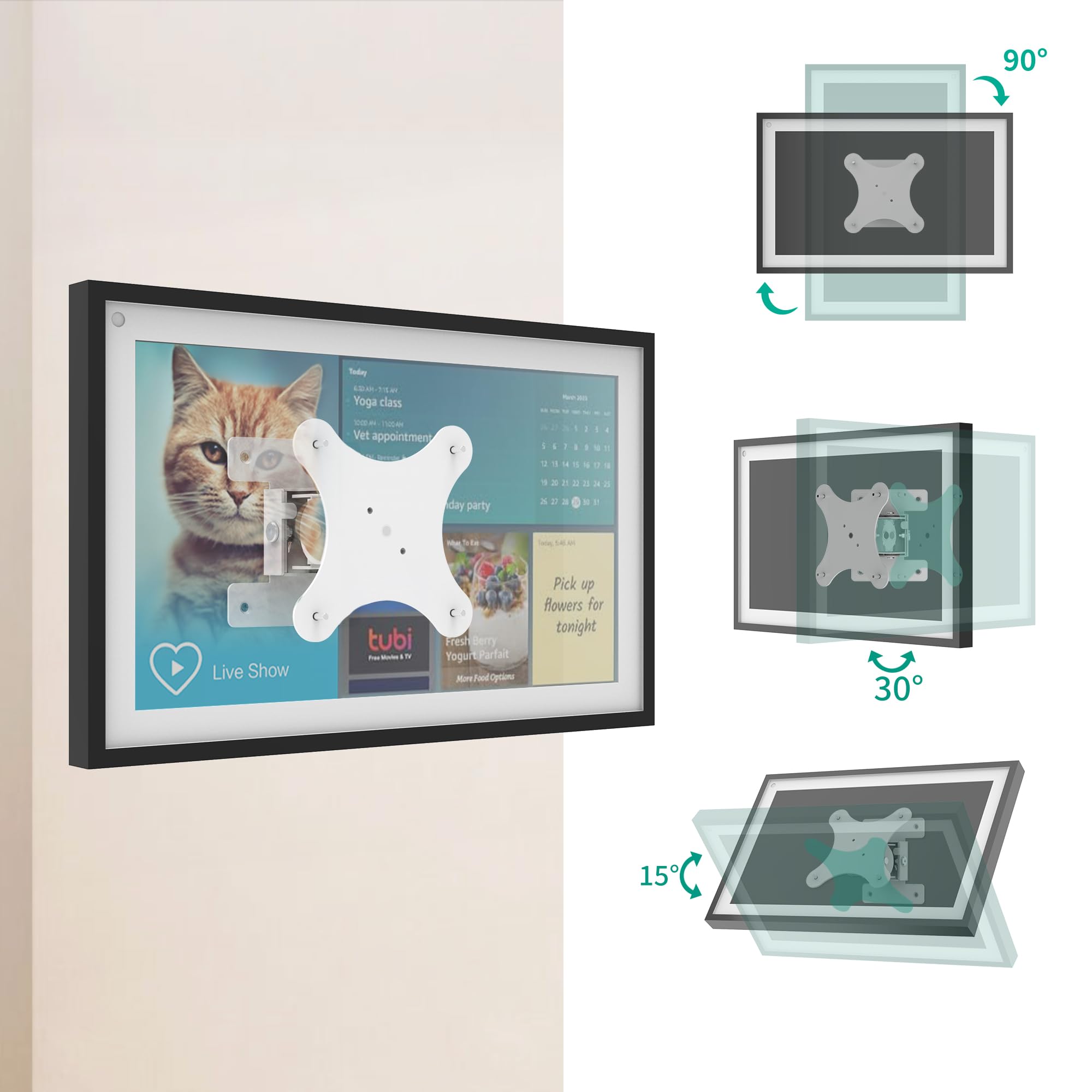 Wall Mount for Echo Show 15, Adjustable Wall Mounting Bracket for Alexa Echo Show 15, Easy to Vertical or Horizontal Swivel, Rotate Left and Right, Tilt-Up and Down, Metal, White