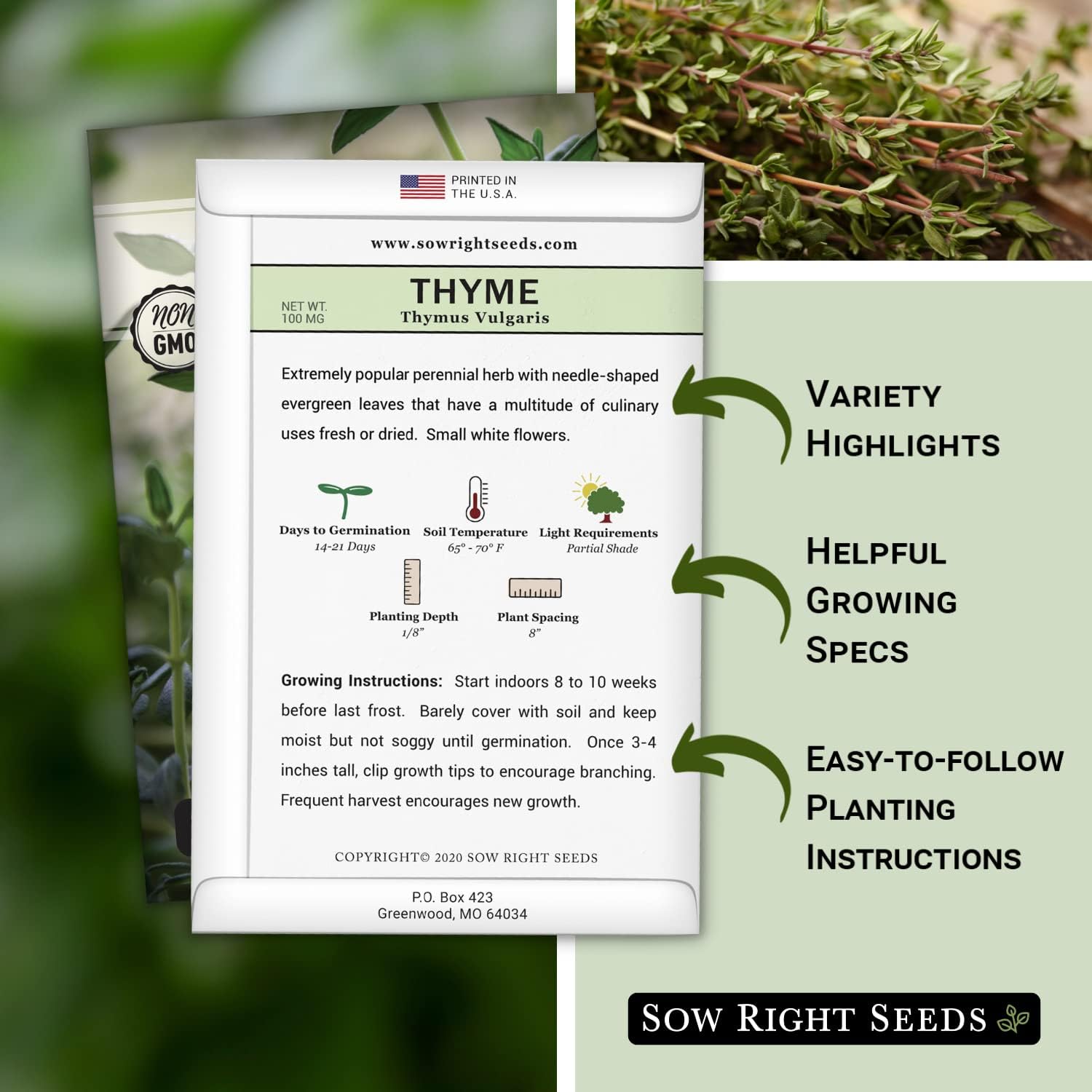 Sow Right Seeds - Thyme Seed for Planting - Non-GMO Heirloom Packet with Instructions for Easy Planting Your Kitchen Herb Garden - Indoor or Outdoor - Great for Hydroponics Growing - Culinary Herb